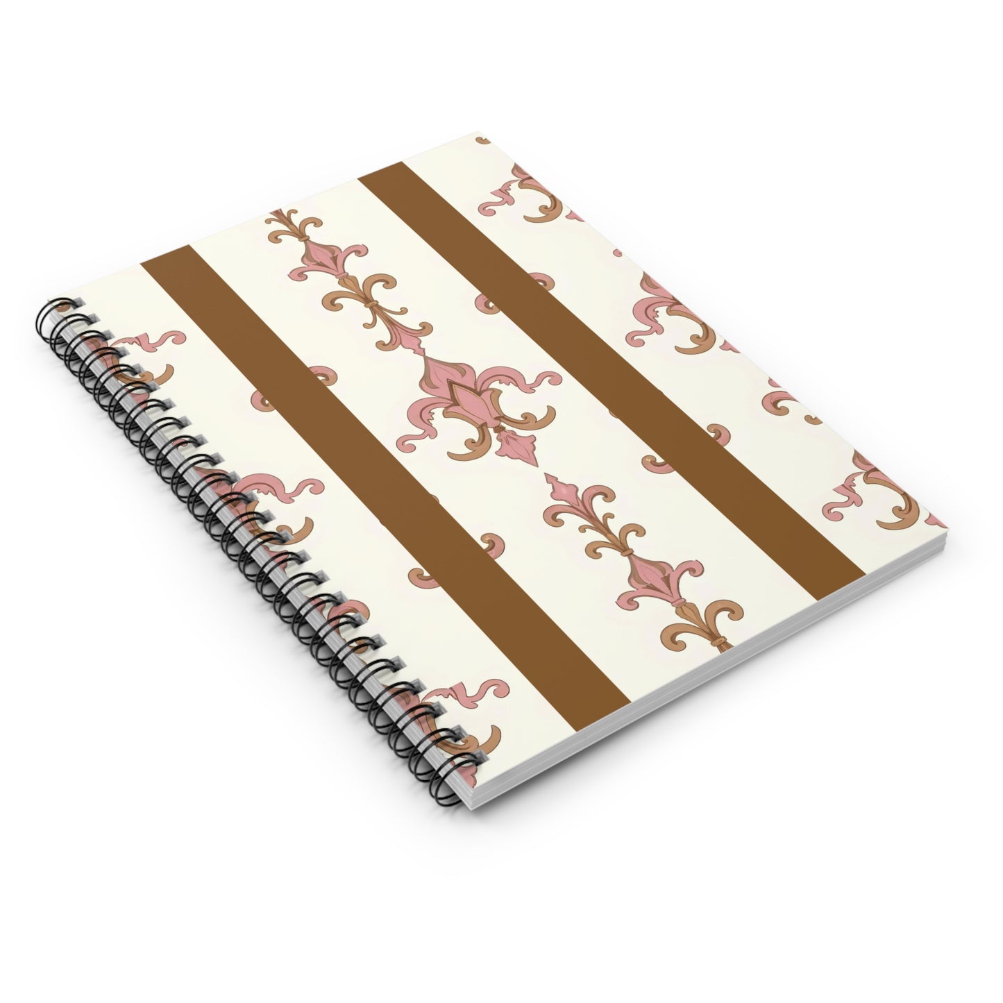 Elegant Floral Spiral Notebook - Ruled Lines, Journaling, Note Taking, Gift, Stationery, School Supplies - Brown Striped Pink Arabesque