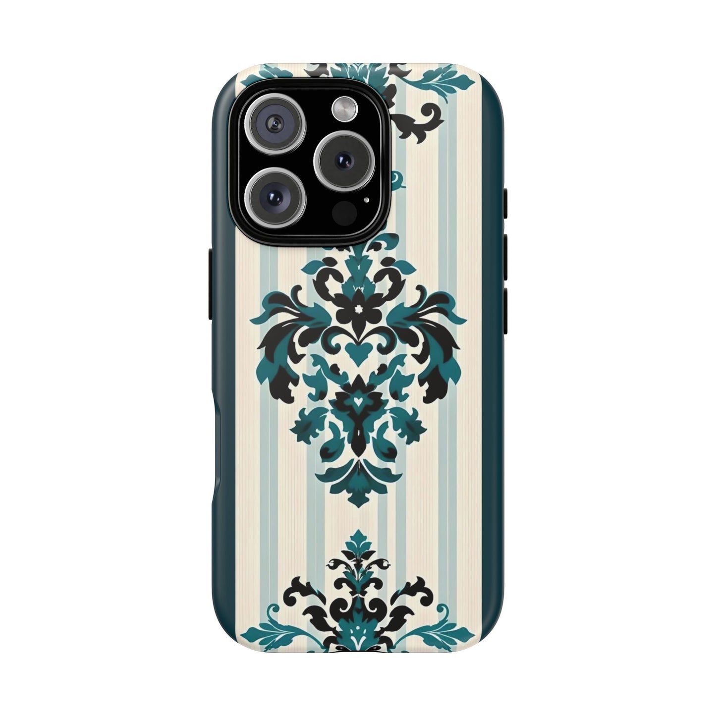 Elegant Floral Phone Case - Tough Cases with Vintage Design - Teal Striped Damask