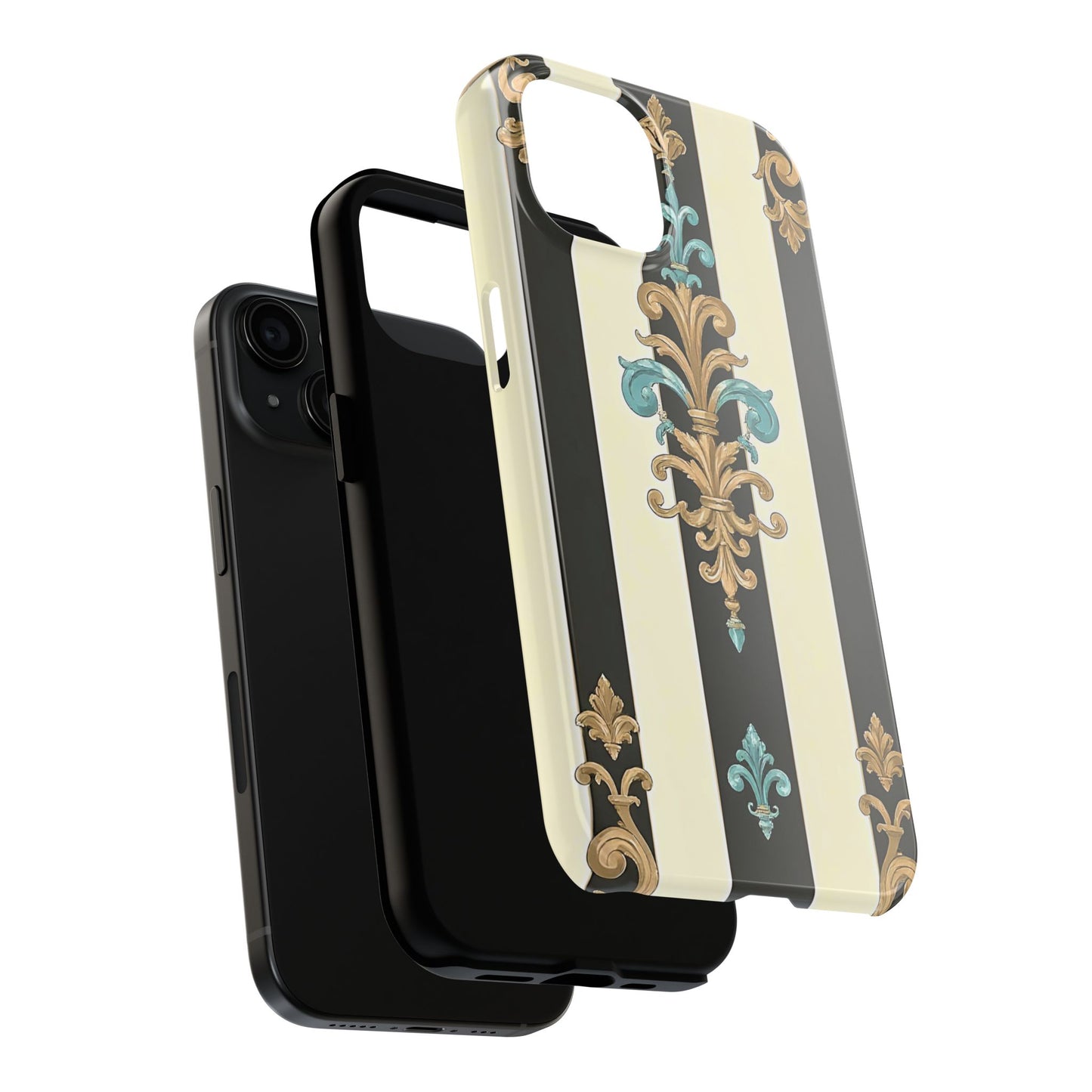 Elegant Vintage Tough Phone Cases, Stylish Phone Accessories, Quality Protection, Gifts for Her - Black Striped Turquoise & Black Rococo