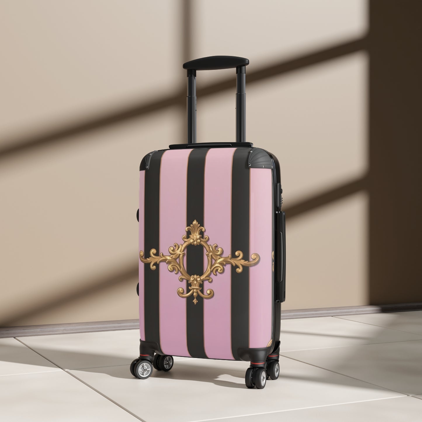 Chic Travel Suitcase with Stripes and Elegant Design, Stylish Luggage, Travel Gear - Matte Lavender & Black Striped Gold Baroque