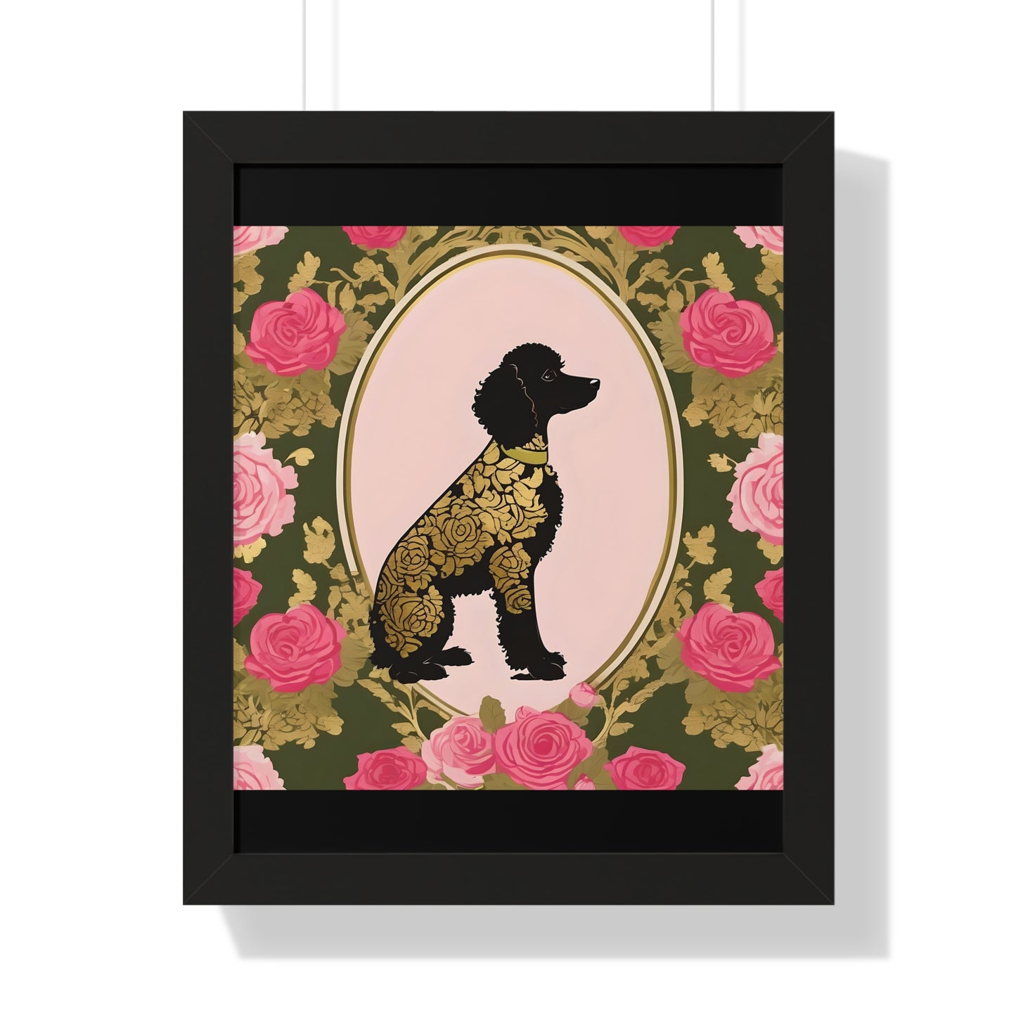 Vertical Poster - Stylish Framed - Art for Home Decor - Damask Black & Gold Poodle in Olive & Pink Roses