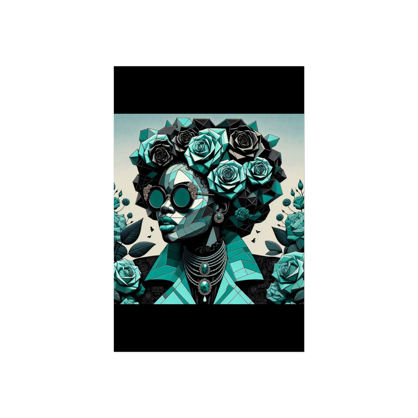 Chic Floral Fine Art Poster | Modern Wall Decor, Home Aesthetic, Gift for Art Lovers, Unique Room Makeover - Turquoise & Black Roses Lady