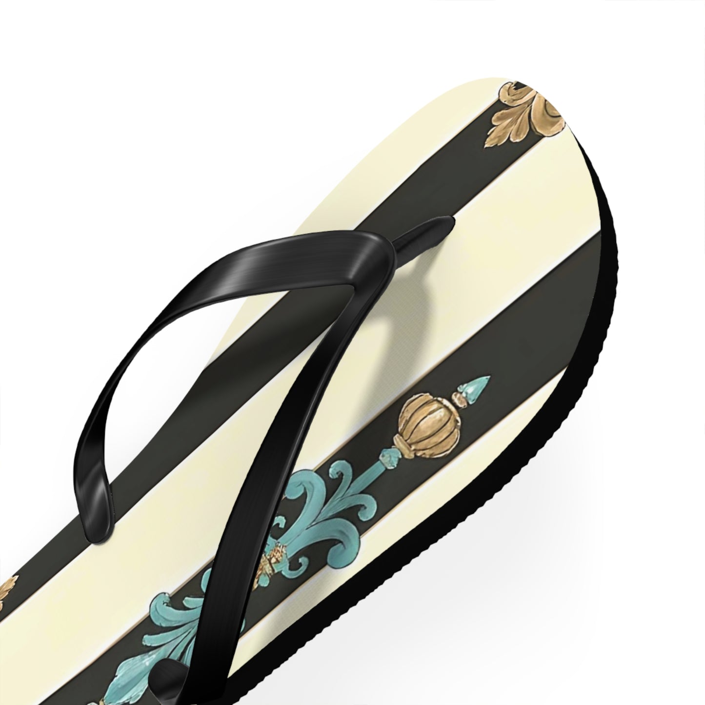 Stylish Flip Flops | Beach Sandals, Summer Footwear, Vacation Getaway, Casual Summer Style - Black Striped Turquoise & Black Rococo
