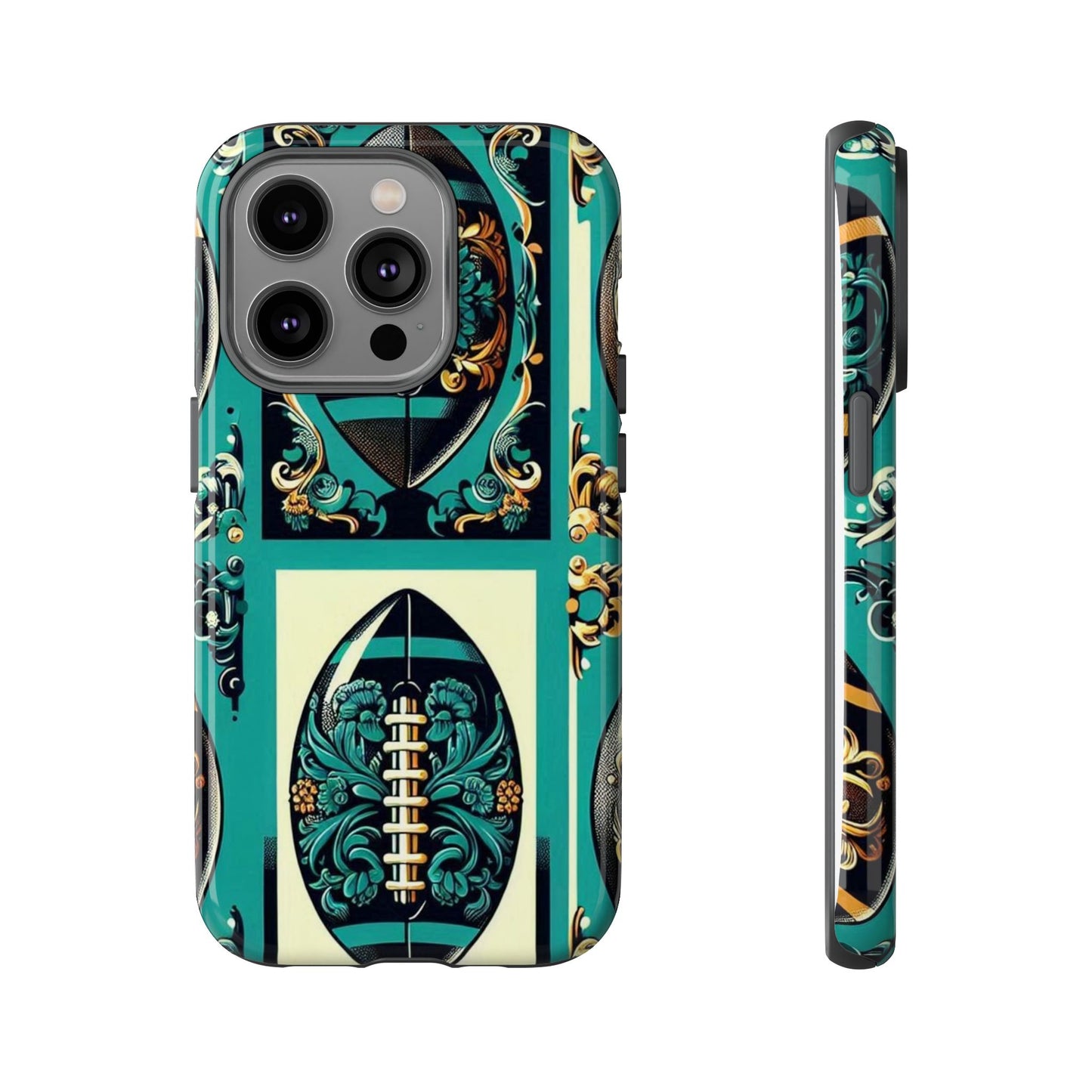 Elegant Floral Motif Phone Case - Tough Cases with Vintage Design -  Damask Teal, Gold & Black Footballs