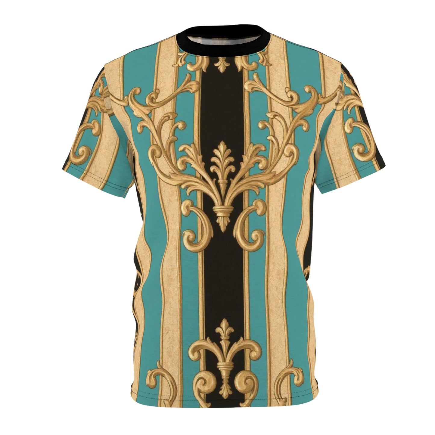 Stylish Unisex Black, Tan & Ocean Green Striped Gold Baroque Cut & Sew Tee - Vibrant Vintage Print, Summer Casual Wear, Perfect Gift for Friends