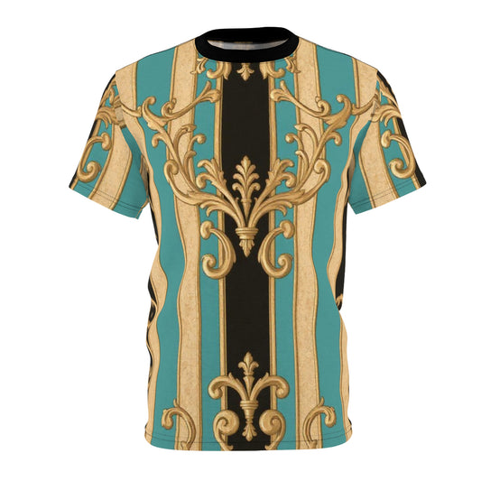 Stylish Unisex Black, Tan & Ocean Green Striped Gold Baroque Cut & Sew Tee - Vibrant Vintage Print, Summer Casual Wear, Perfect Gift for Friends