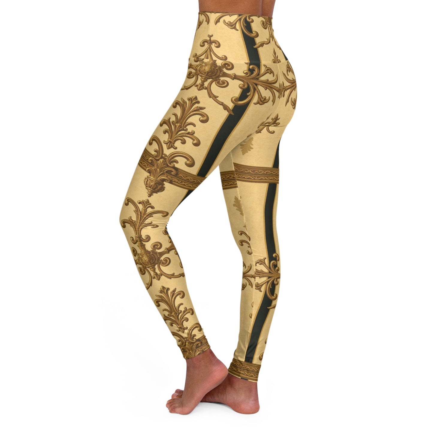 Elegant High Waisted Yoga Leggings, Stylish Activewear, Fitness Apparel, Comfortable Workout Pants - Matte Yellow Striped Antique Rococo