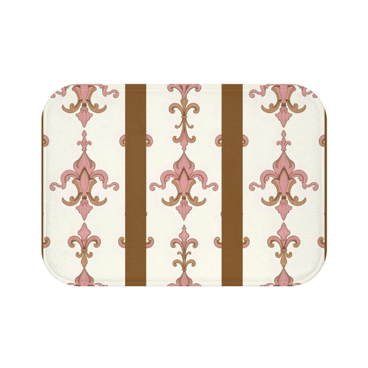 Elegant Vintage Floral Bath Mat, Bathroom Decor, Home Spa, Gift for Her, Elegant Design, Luxury Bathroom Accessories - Brown Striped Pink Arabesque