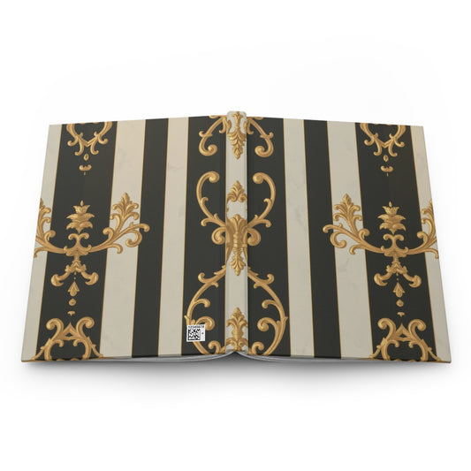 Elegant Black & Alabaster Striped Baroque Hardcover Journal, Vintage Floral Notebook, Stylish Writing Diary, Gifts for Writers, Luxury Stationery