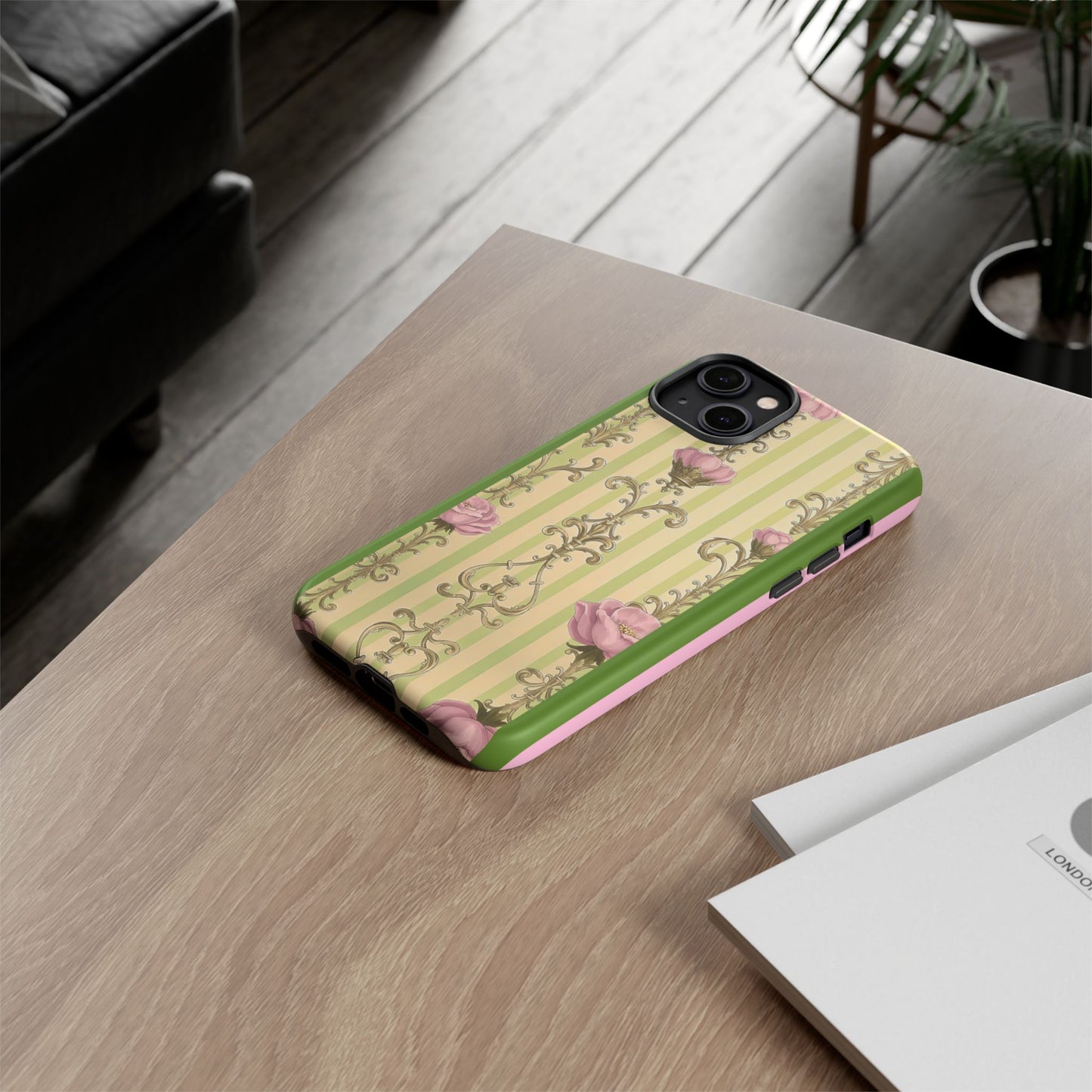 Elegant Floral Motif Phone Case - Tough Cases with Vintage Design - Lime Green & Pink Striped Damask