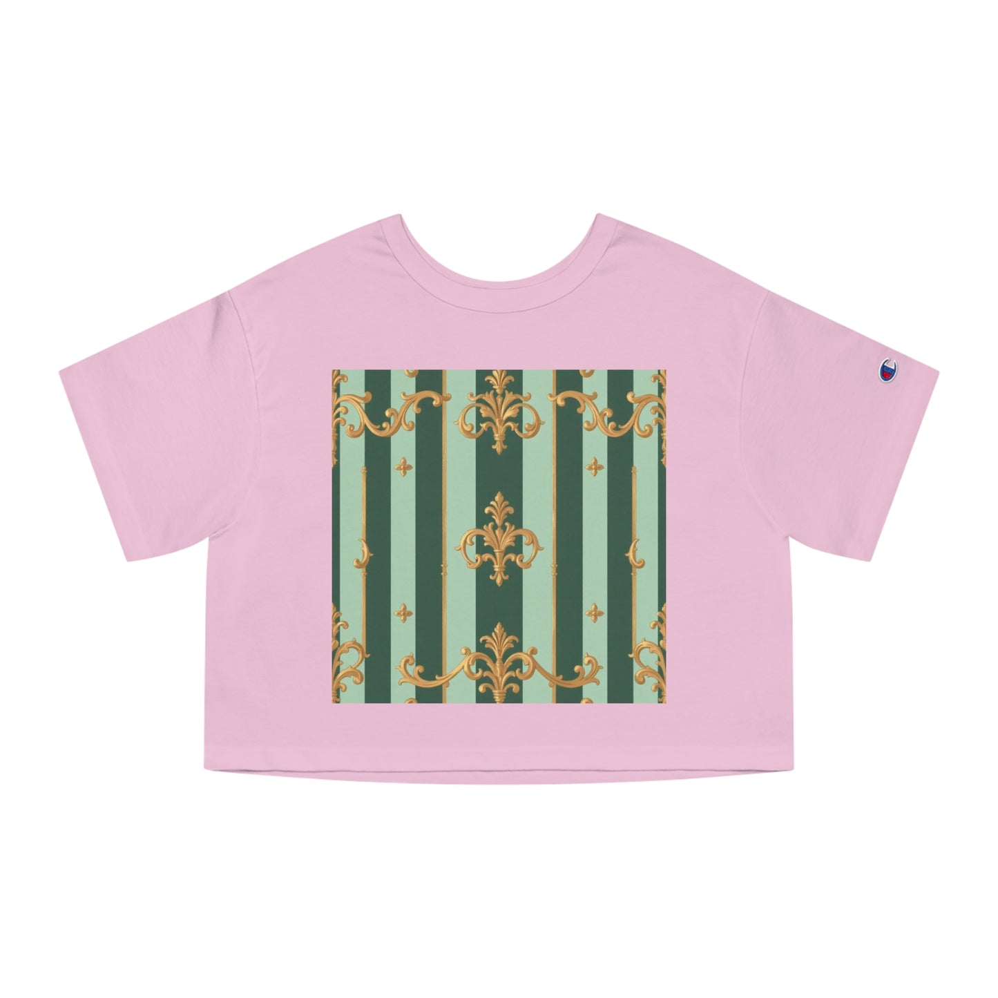 Stylish Cropped T-Shirt with Elegant Pattern, Casual Wear, Perfect for Summer Outings - Mint Green & Teal Striped Gold Baroque