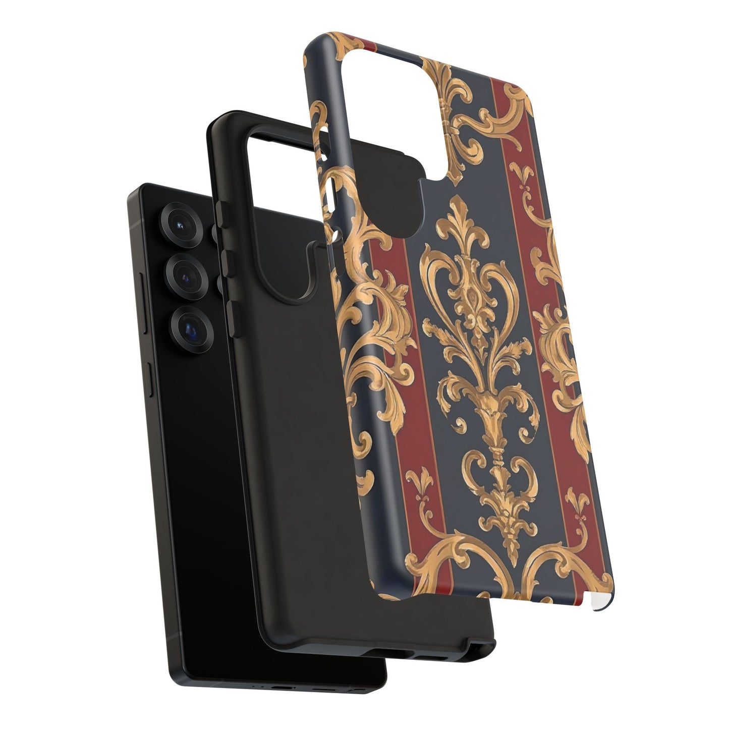 Elegant Floral Motif Phone Case - Tough Cases with Vintage Design - Midnight Blue & Dusk Red Striped Gold Damask