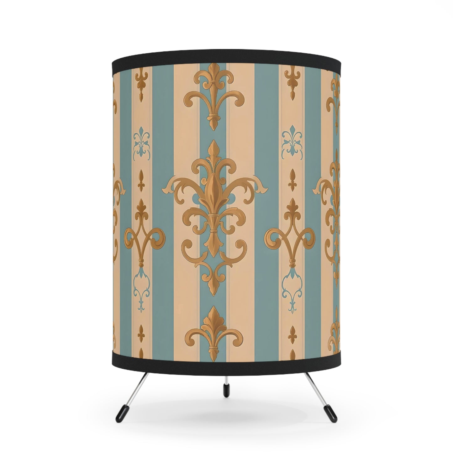 Elegant Tripod Lamp with Vintage Floral Print Shade - High-Res Home Accent - Beige & Sky Blue Striped Gold Damask