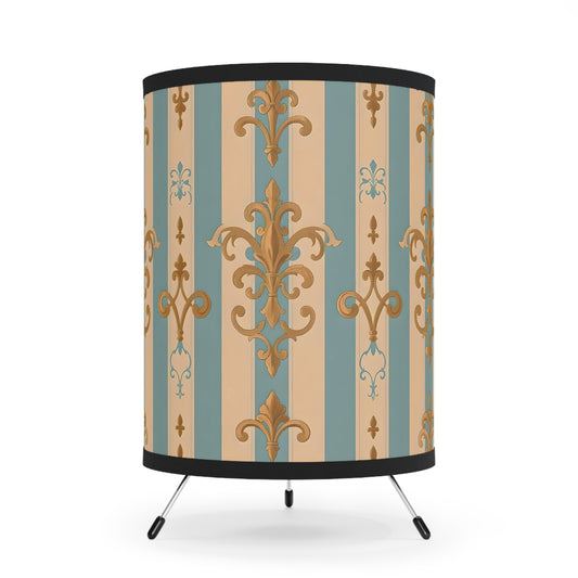 Elegant Tripod Lamp with Vintage Floral Print Shade - High-Res Home Accent - Beige & Sky Blue Striped Gold Damask