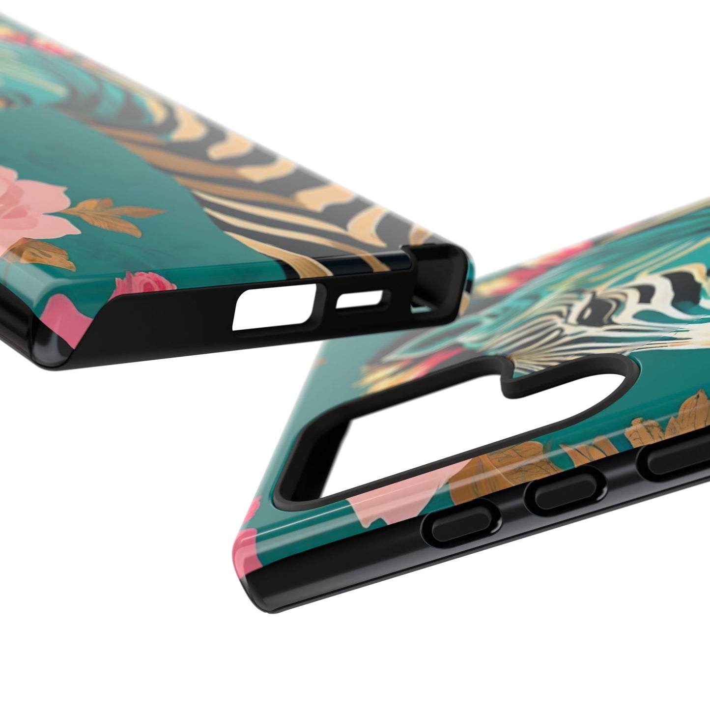 Phone Case - Elegant Teal & Gold Zebra & Roses Design