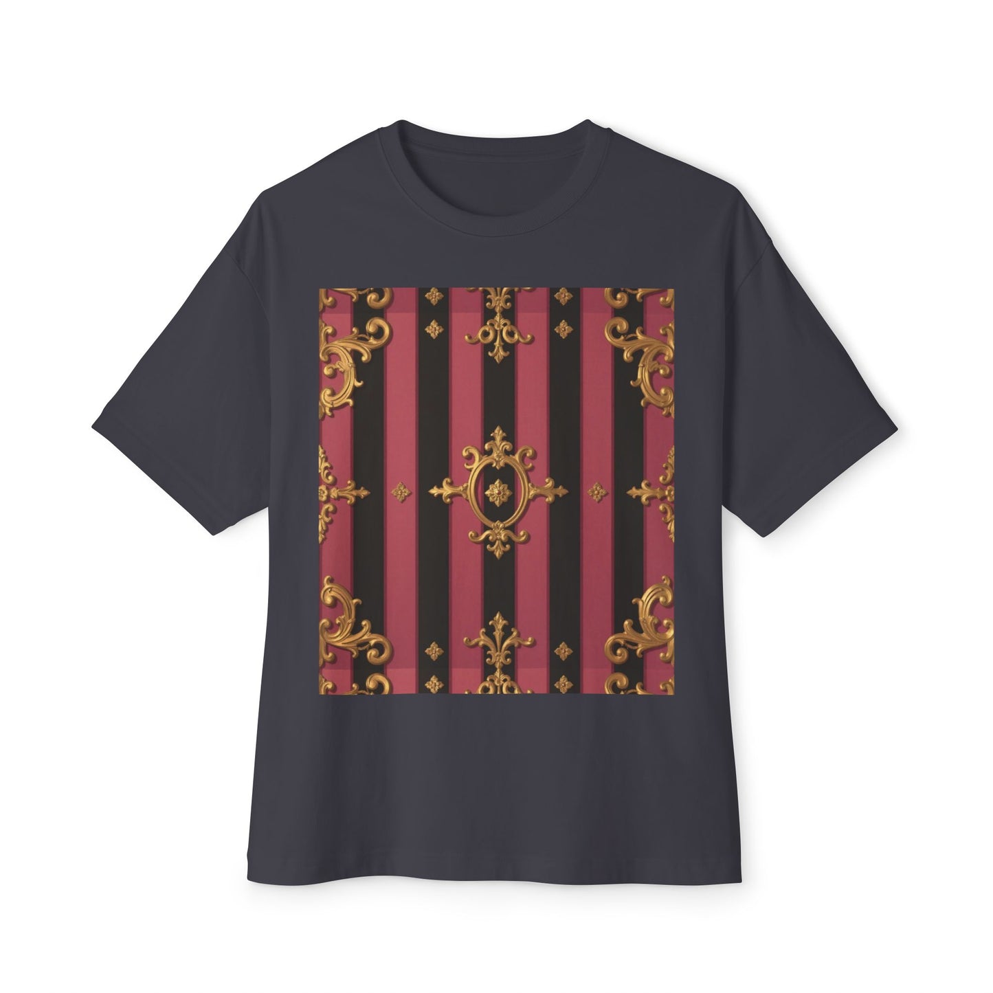Stylish Black & Mauve Striped Gold Baroque Oversized Tee - Chic Statement Top, Casual Fashion, Perfect for Festivals
