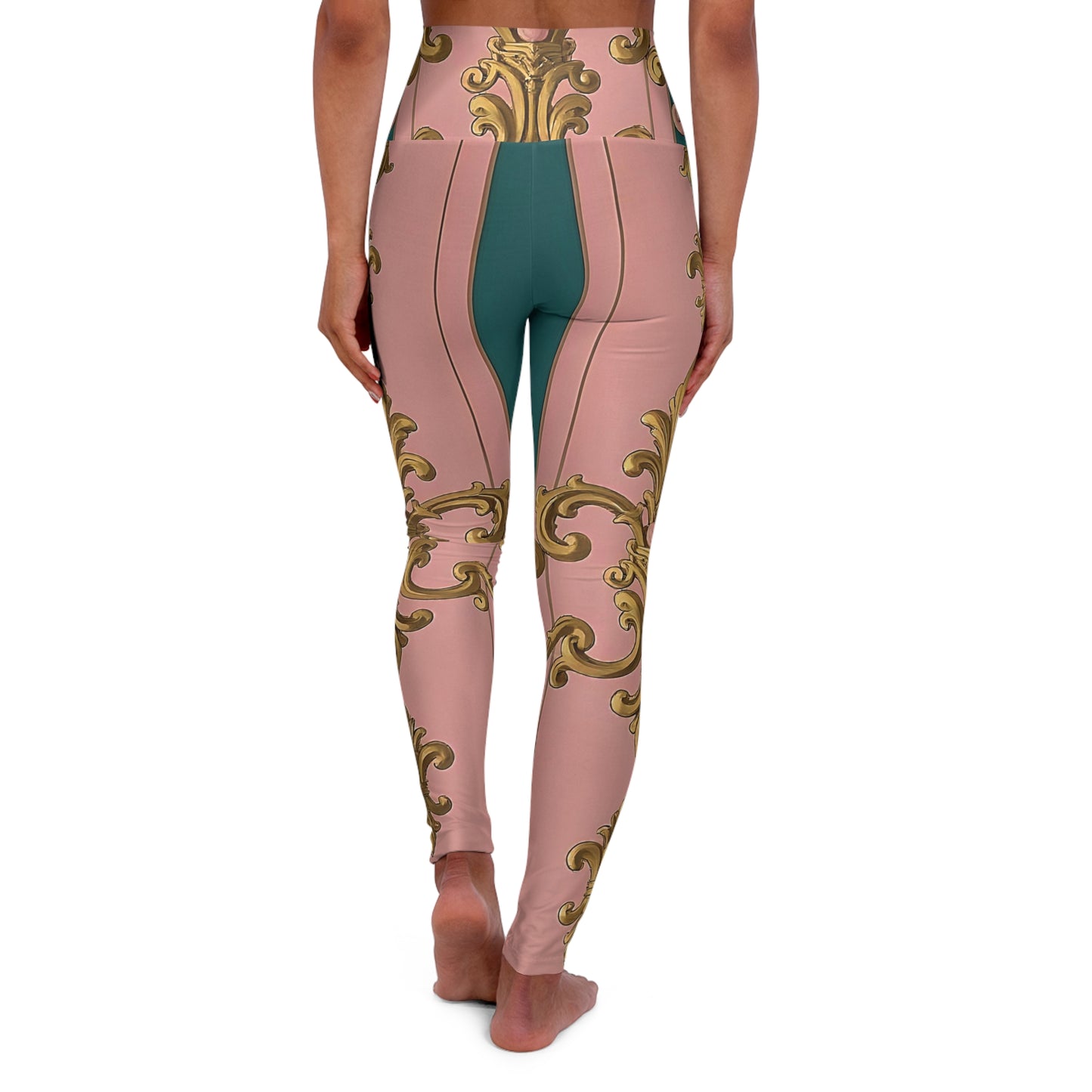 Elegant High Waisted Yoga Leggings, Stylish Activewear, Comfortable Leggings for Fitness - Pink & Teal Striped Gold Baroque