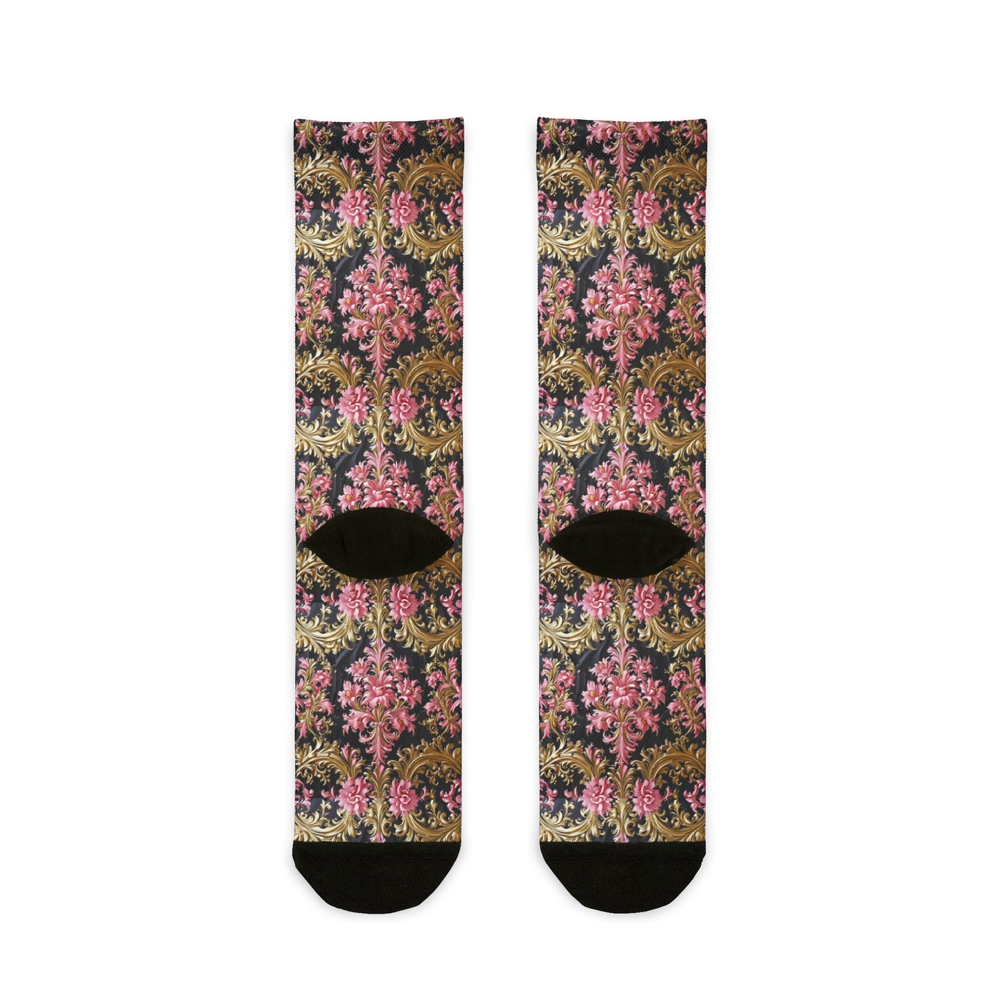 Floral Pattern Crew Socks - Vibrant Colorful Socks, Fun Gift for Her, Stylish Accessories - Black & Pink Oil Painting Style Rococo