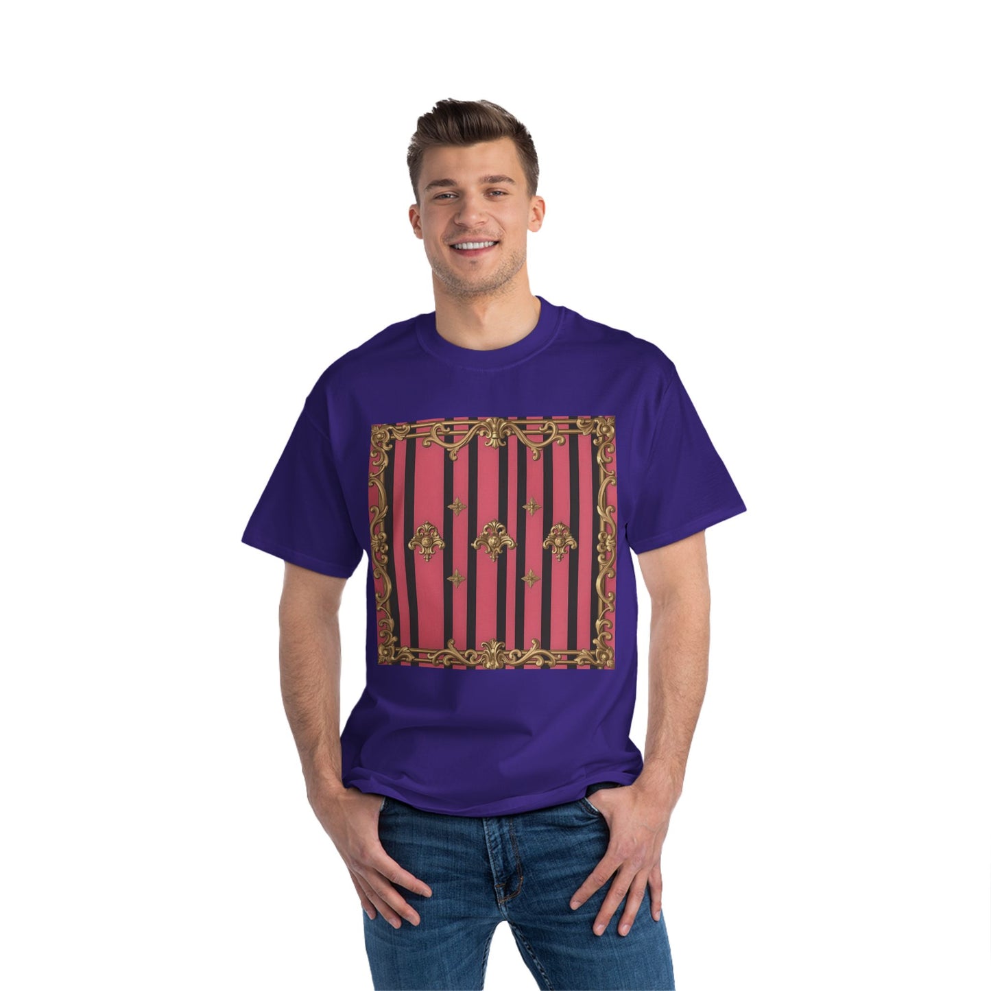Elegant Baroque Short-Sleeve T-Shirt - Artistic Fashion, Graphics Tee, Unique Gift, Stylish Apparel, Casual Wear - Pink Striped Gold Rococo