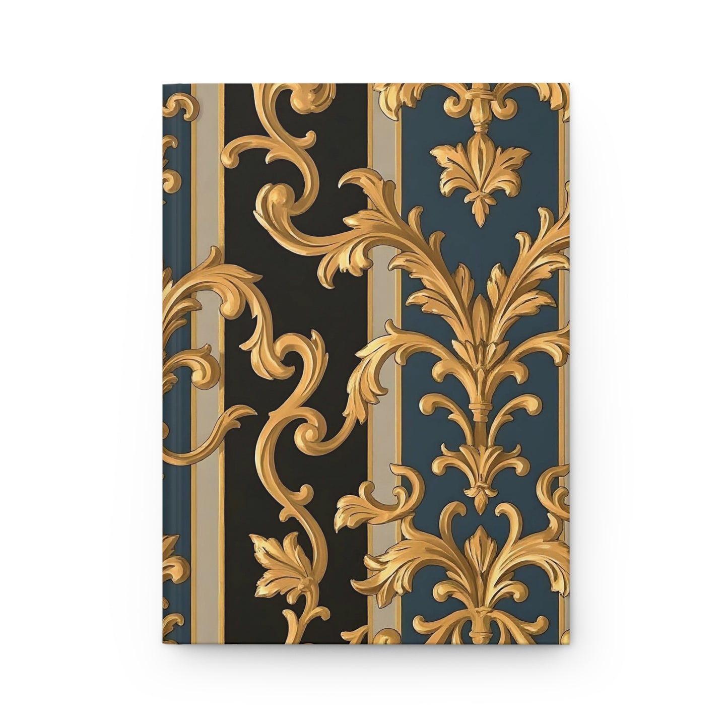 Elegant Gold Floral Hardcover Journal - Premium Notebook, Luxury Diary, Gift for Writers, Art Enthusiasts - Blue & Black Striped Rococo