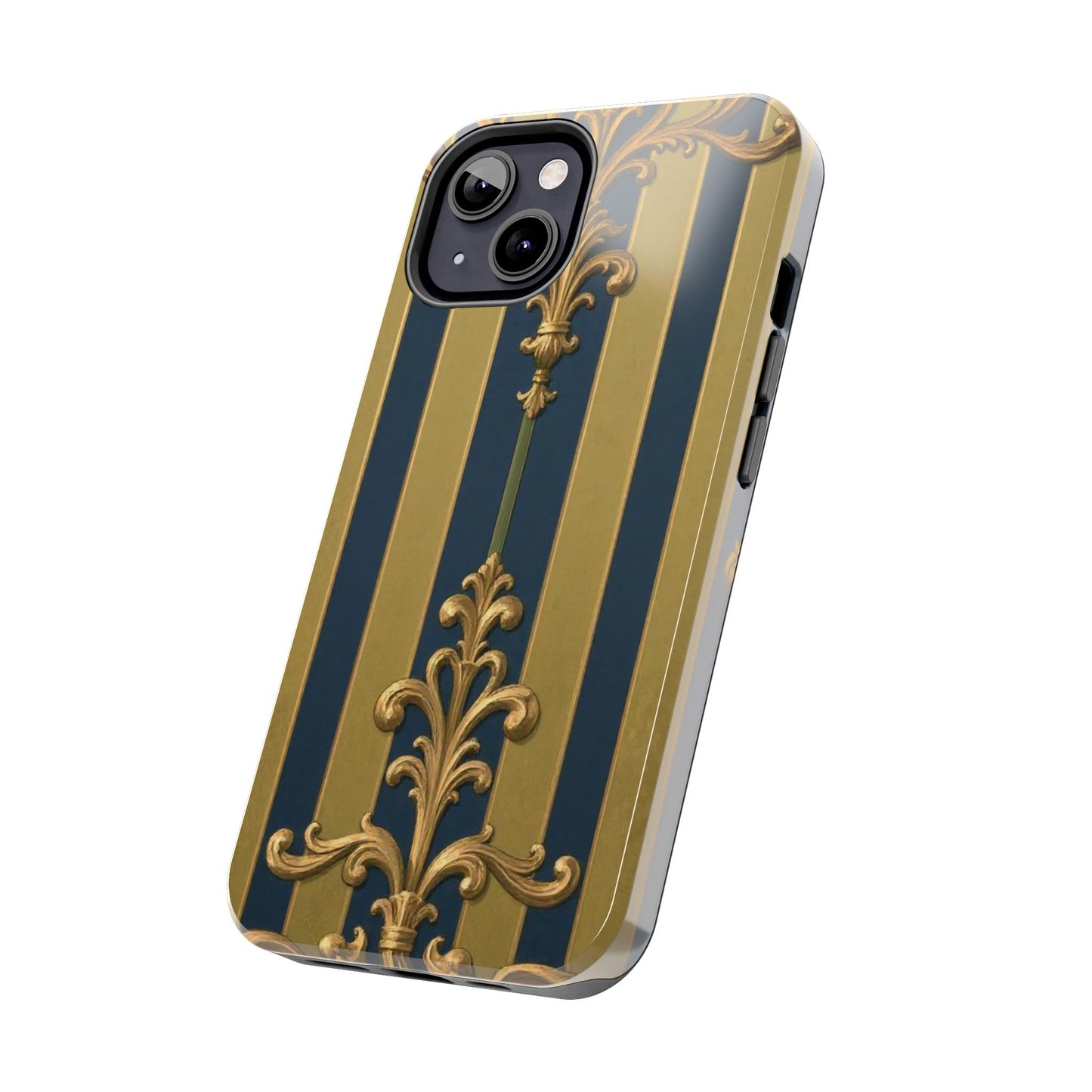 Elegant Midnight Blue & Olive Striped Gold Baroque Tough Phone Case, Phone Cover, Durable Case for Protection, Stylish Gift for Him/Her