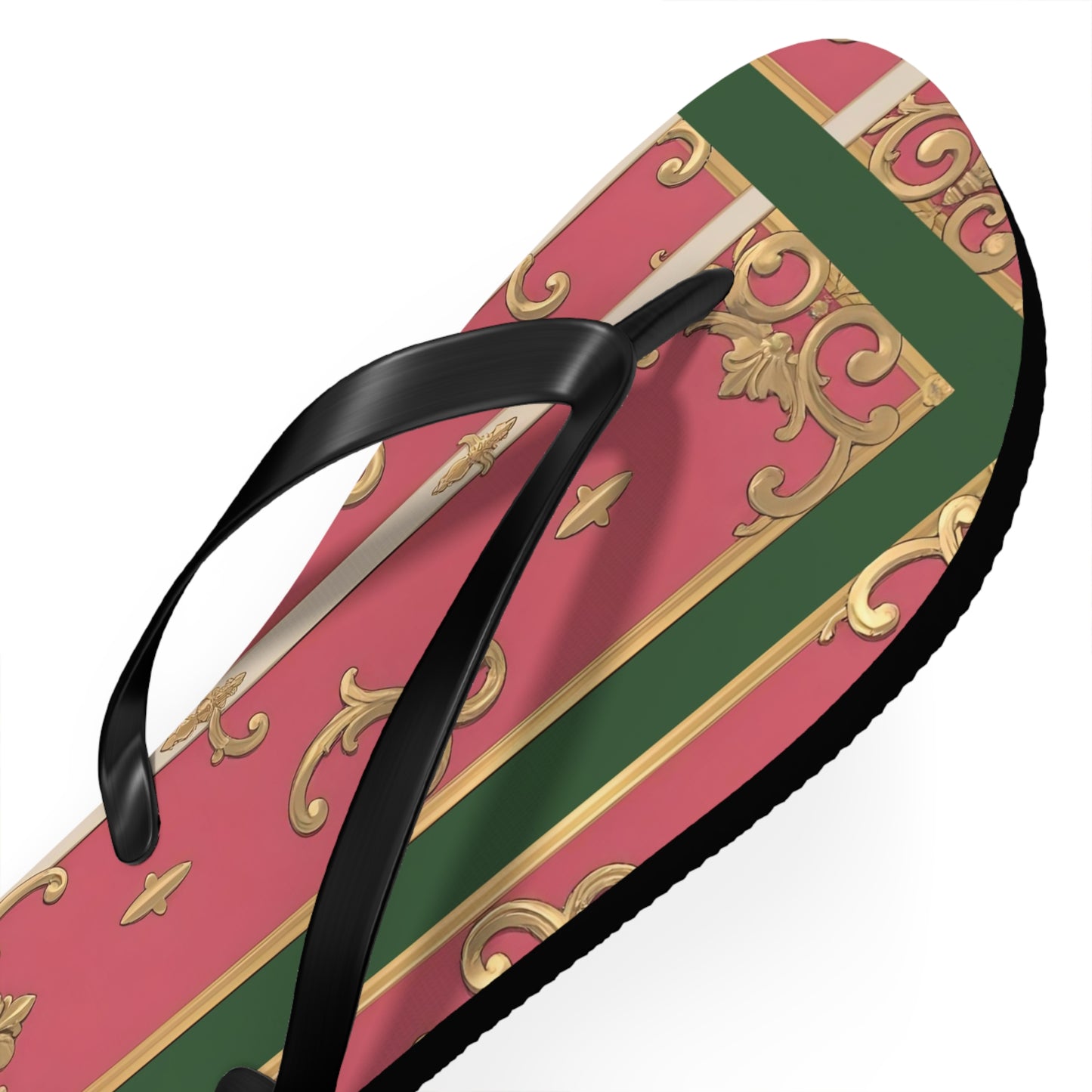 Elegant Green Border Pink Striped Baroque Flip Flops, Summer Footwear, Vacation Sandals, Beach Accessories, Stylish Thong Slippers