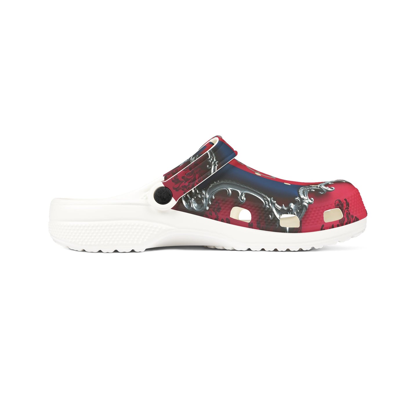 Stylish EVA Foam Rubber Clogs - Vibrant Floral Design, Comfortable Garden Footwear, Trendy Summer Shoes - Blue & Red Striped Silver Crest