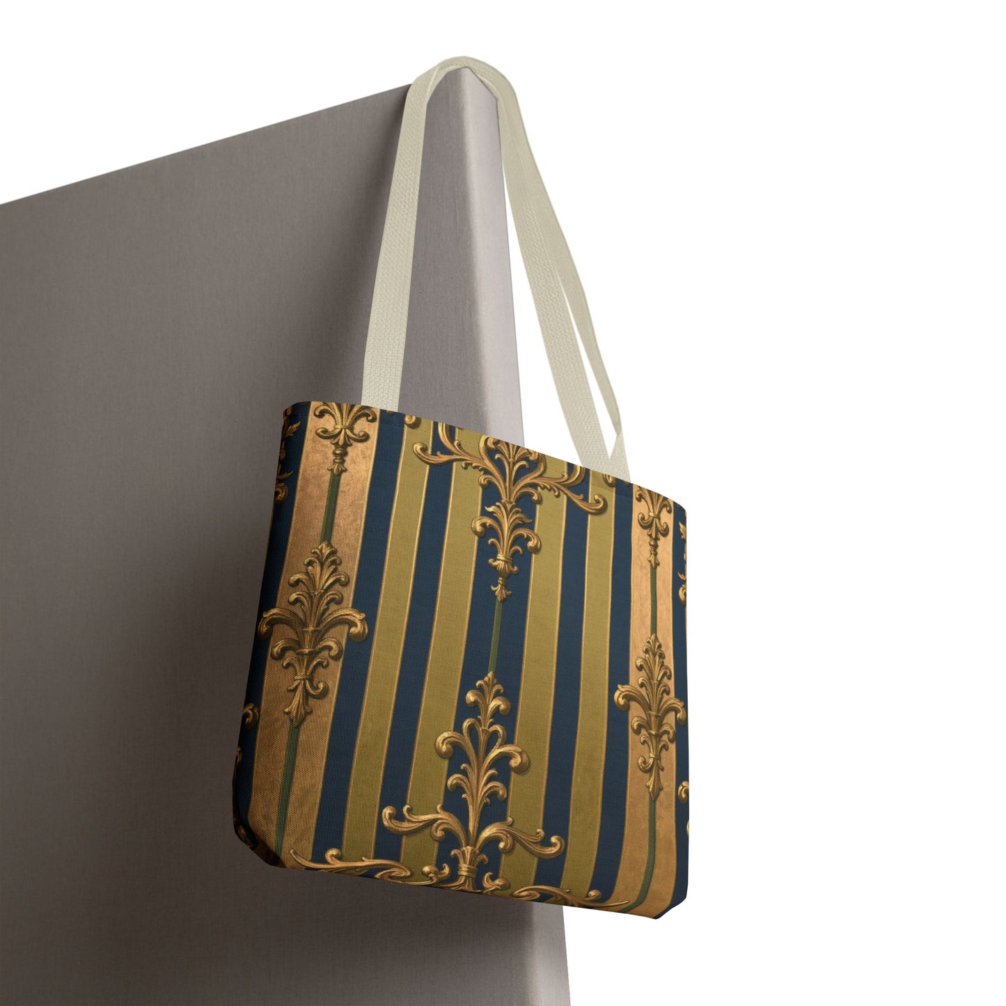 Elegant Midnight Blue & Olive Striped Gold Baroque Golden Striped Tote Bag, Stylish Shopping Bag, Trendy Handbag, Chic Gift for Her