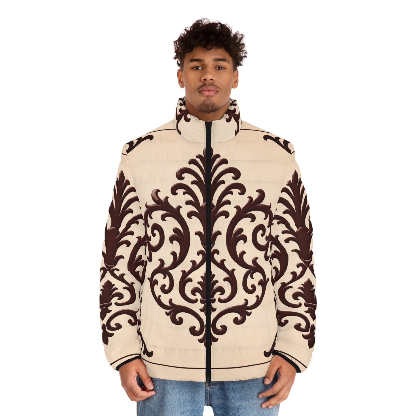 Almond-Beige & Brown Baroque Men's Baroque Pattern Puffer Jacket —Baroque Design