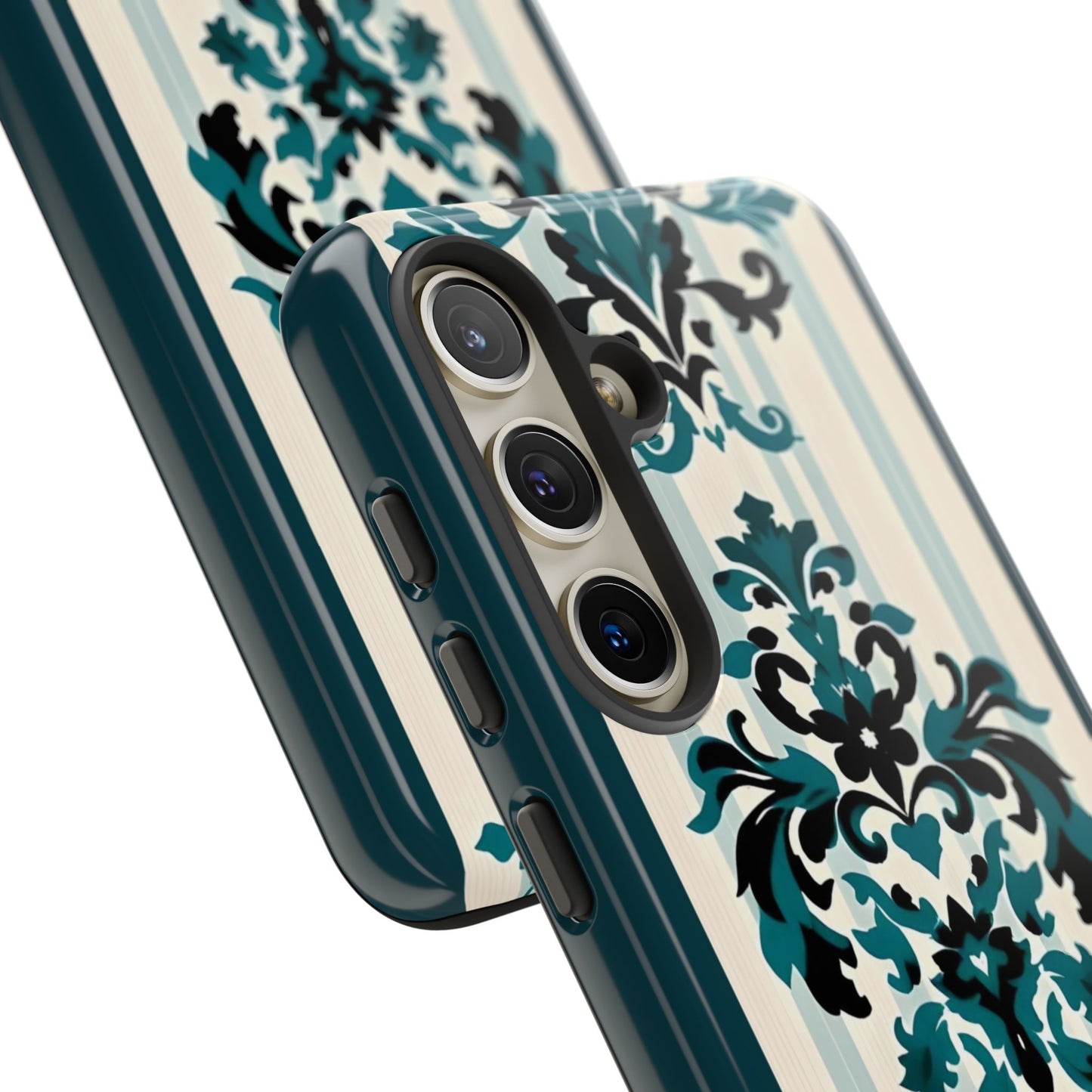 Elegant Floral Phone Case - Tough Cases with Vintage Design - Teal Striped Damask