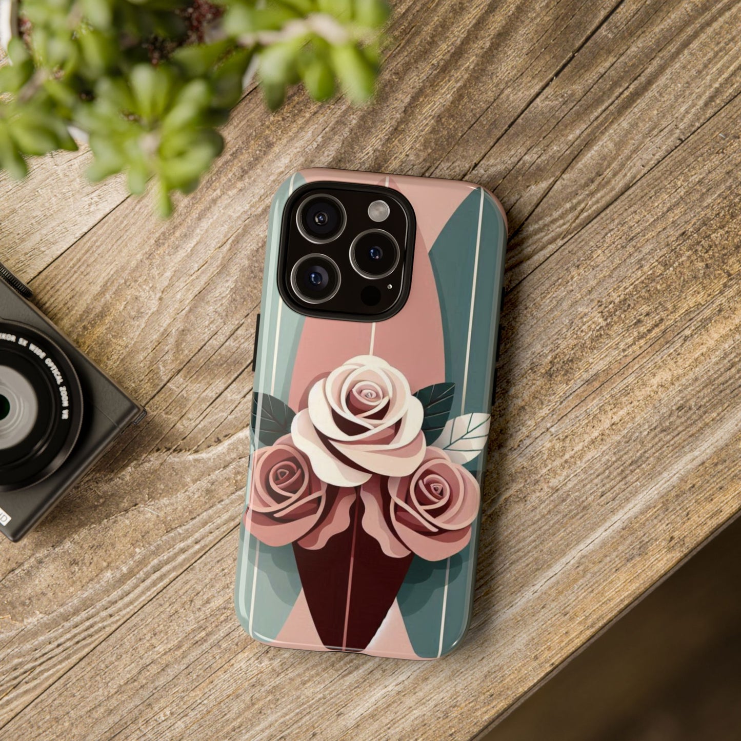 Phone Case - Burgundy, Matte Mauve & Teal Surfboard & Roses Design