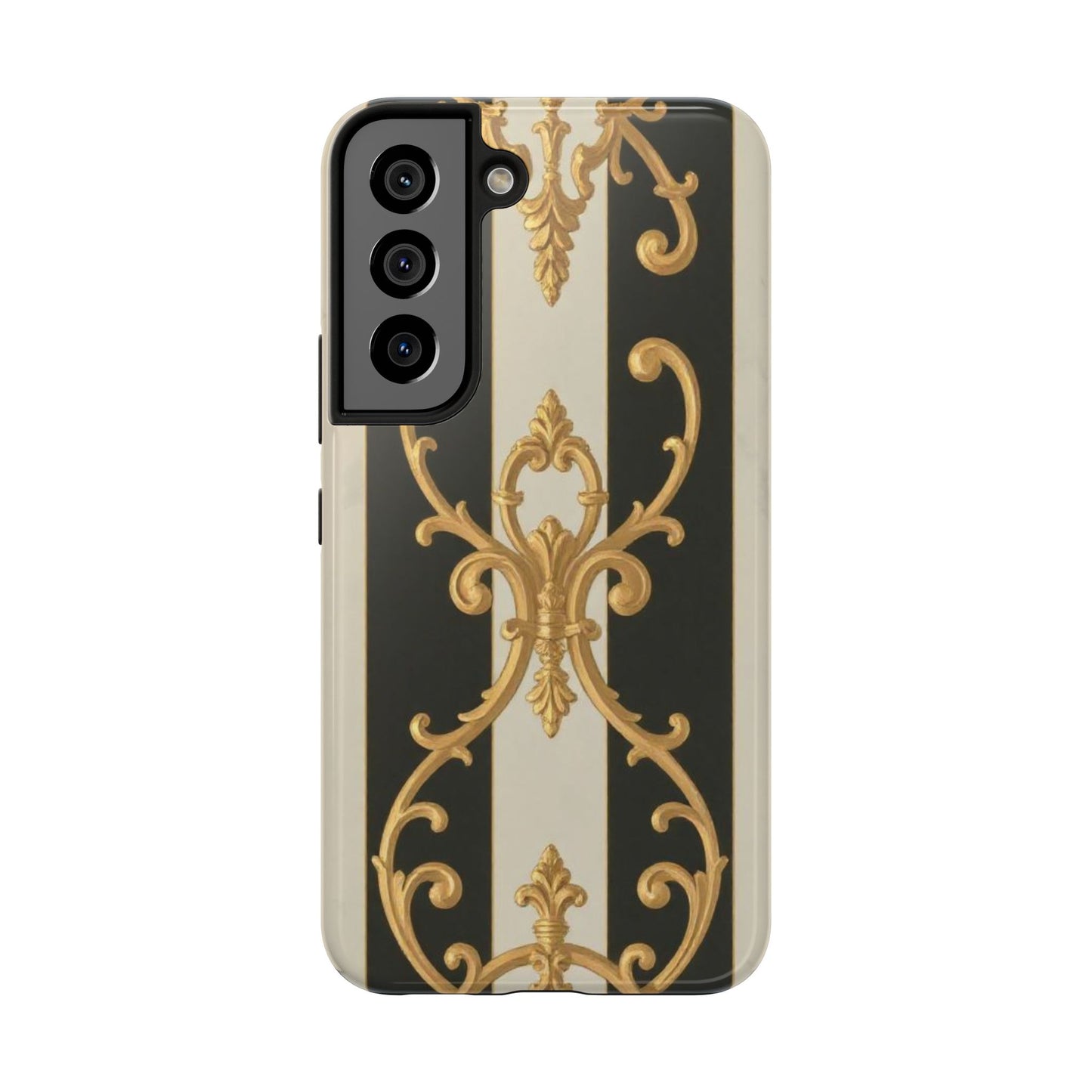 Elegant Black & Alabaster Striped Baroque Tough Phone Cases - Chic Protection, Black Gold Decor, Stylish Accessory, Gift for Her, Trendy Tech