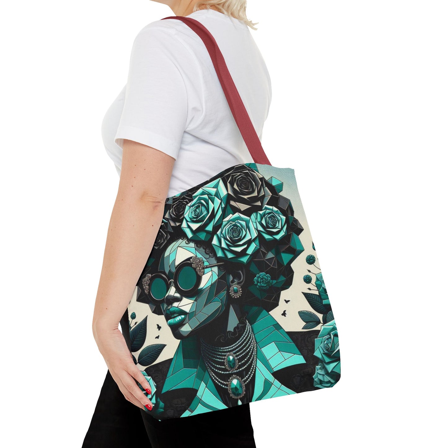 Chic Floral Tote Bag - Stylish Eco-Friendly Handbag for Everyday Use, Perfect for Gifts, Shopping, Beach, Art Lovers - Turquoise & Black Roses Lady