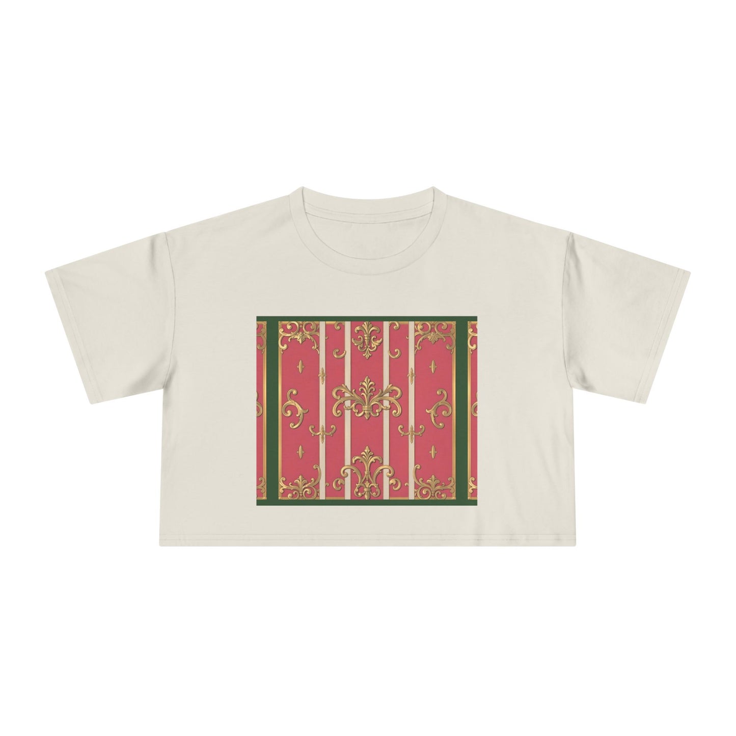 Chic Green Border Pink Striped Baroque Women's Crop Tee - Vintage Style Shirt for Casual Outings, Holidays, Gift Ideas, Spring Fashion, Trendy Top