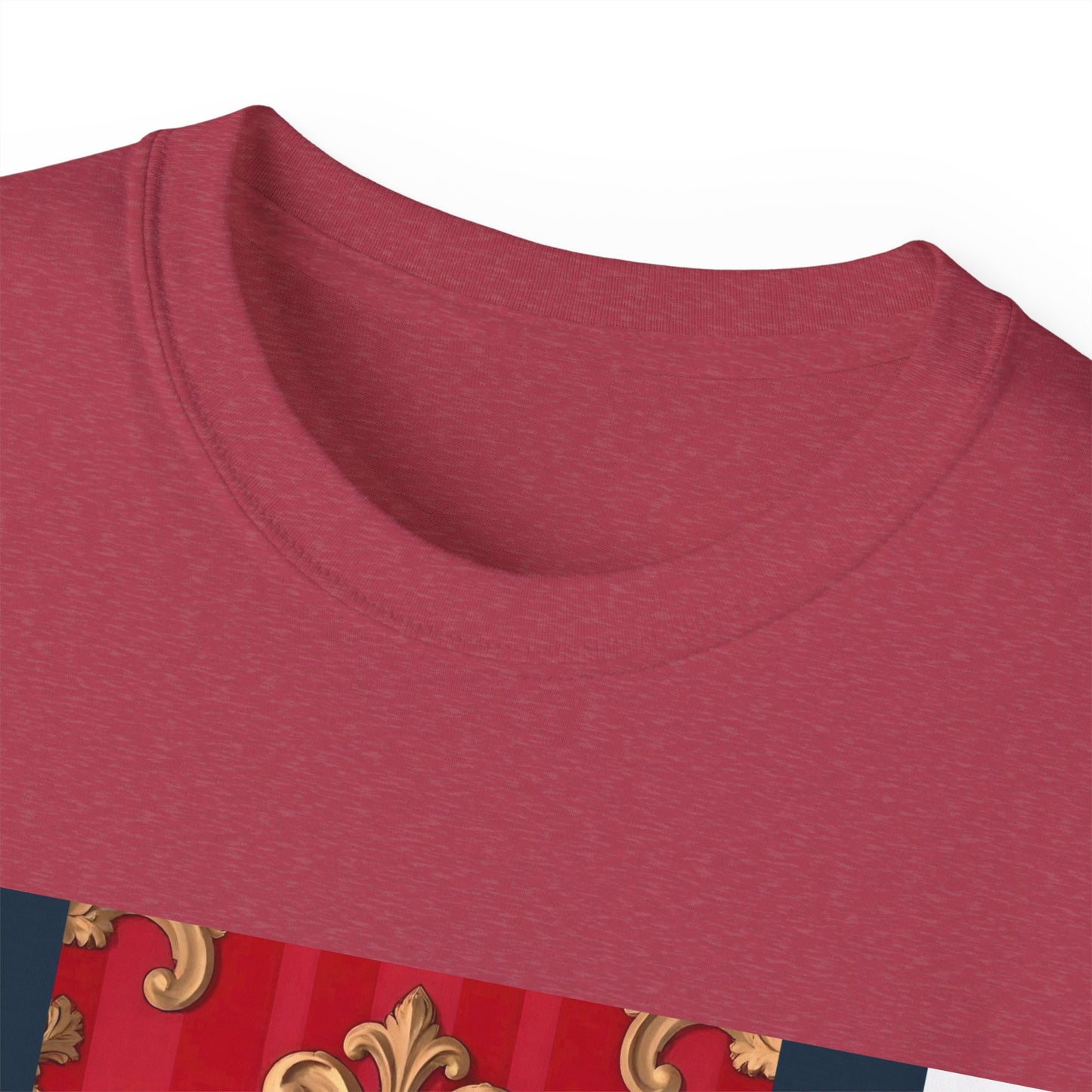 Regal Red Baroque T-Shirt, Artistic Tee, Gift for Art Lovers, Fashionable Statement Shirt, Unique Graphic Top - Blue, Red & White Striped Baroque