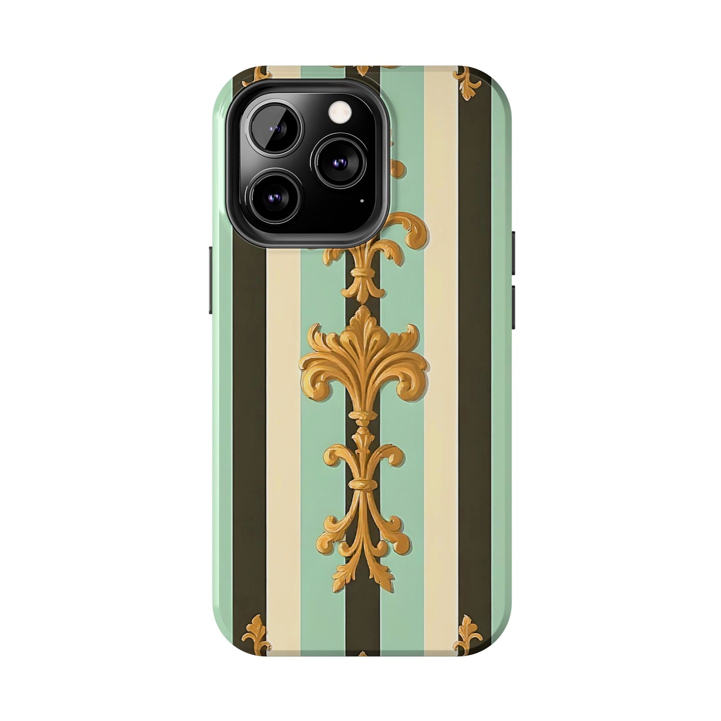 Elegant Floral Tough Phone Cases - Stylish Protection for All Occasions, Gifts for Her, Phone Covers - Black & Matte Mint Striped Rococo