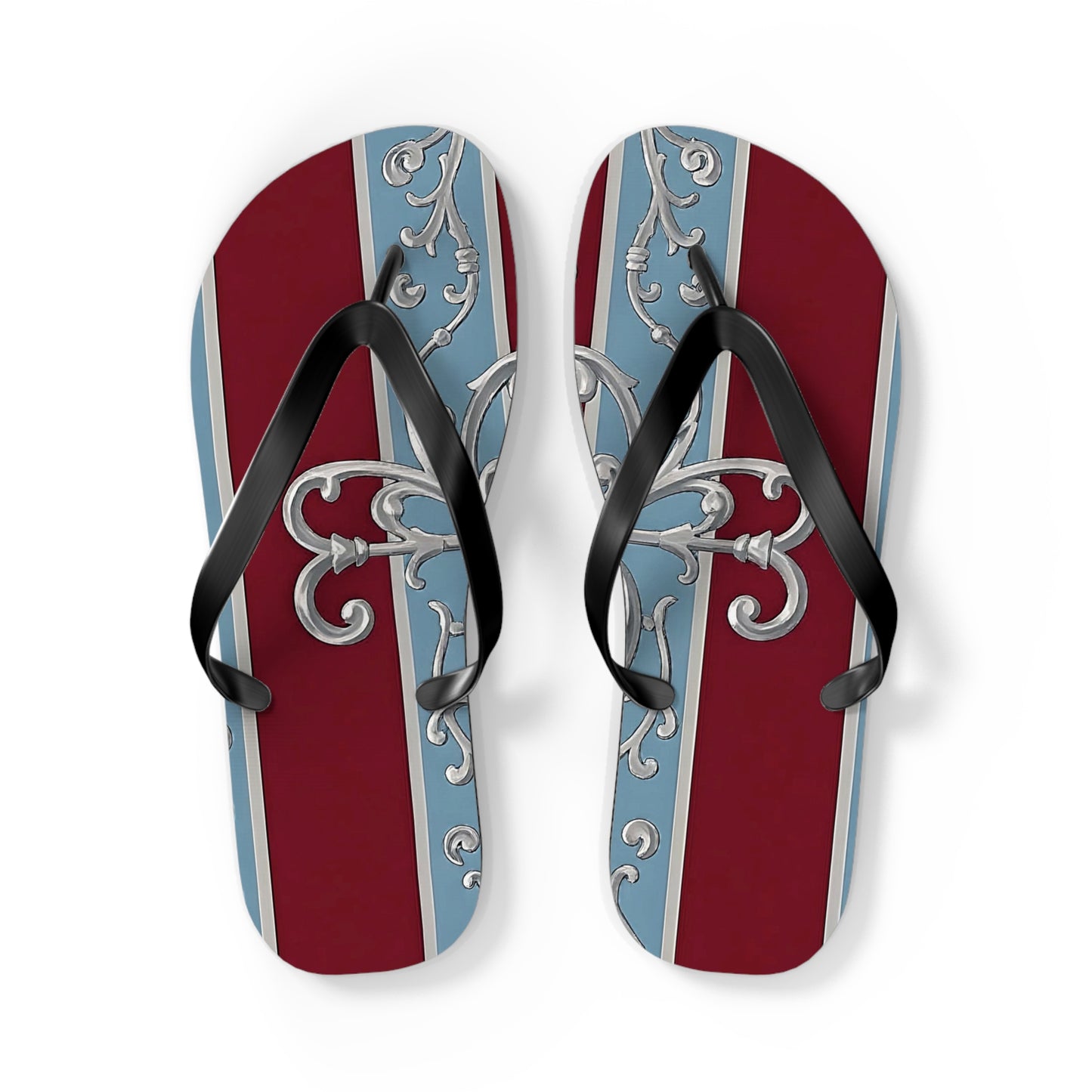Elegant Vintage Flip Flops - Stylish Summer Footwear with Classic Design - Ice Blue & Burgundy Striped Baroque