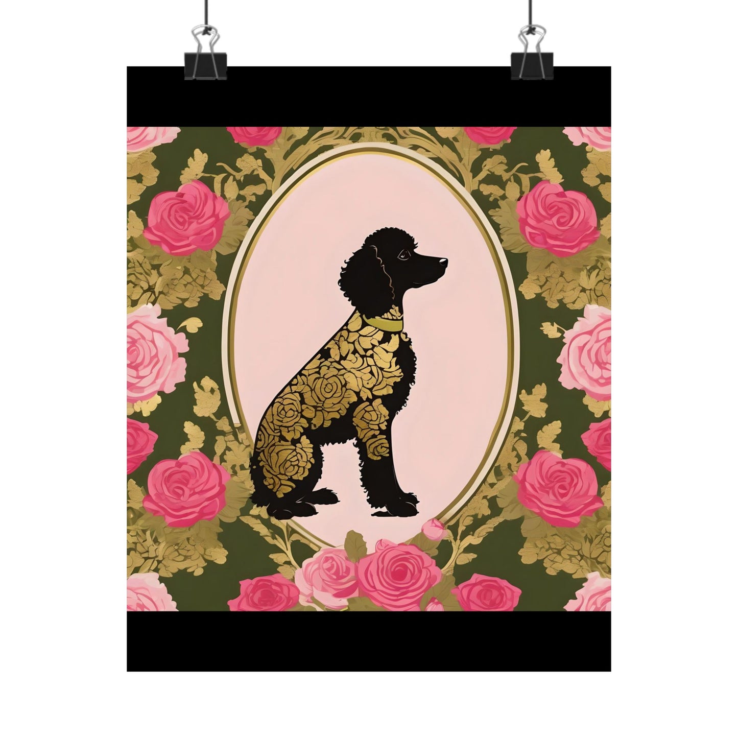 Vertical Poster - Elegant Matte Floral Art Wall Decor - Damask Black & Gold Poodle in Olive & Pink Roses
