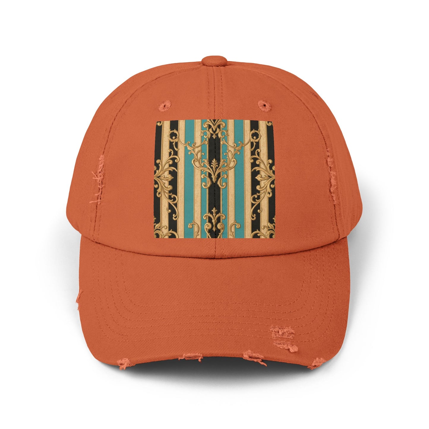 Distressed Black, Tan & Ocean Green Striped Gold Baroque Cap with Elegant Stripe Design | Vintage-Inspired Accessories, Unisex Casual Hat