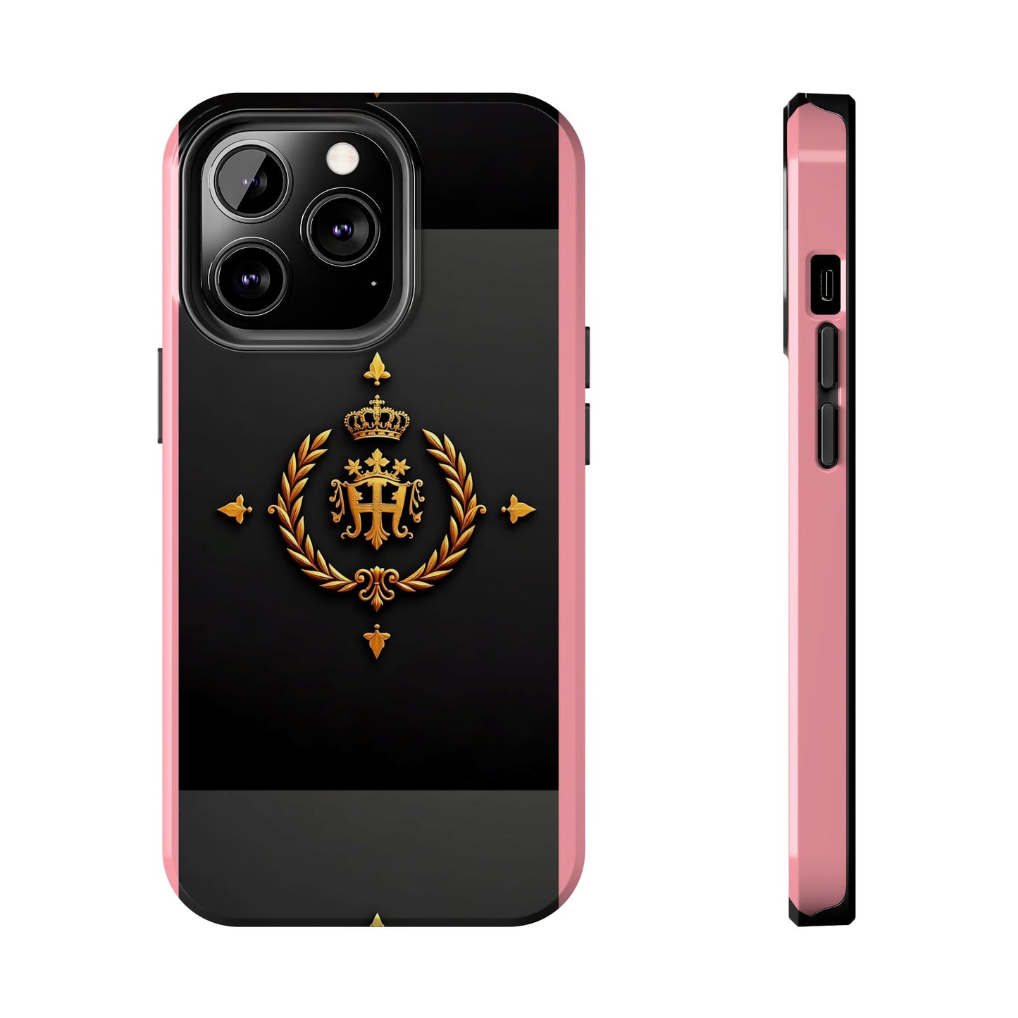 Tough Phone Case with Regal Design - Elegant Phone Protection, Gift for Him/Her, Royalty Inspired - Pink Striped Gold Crest