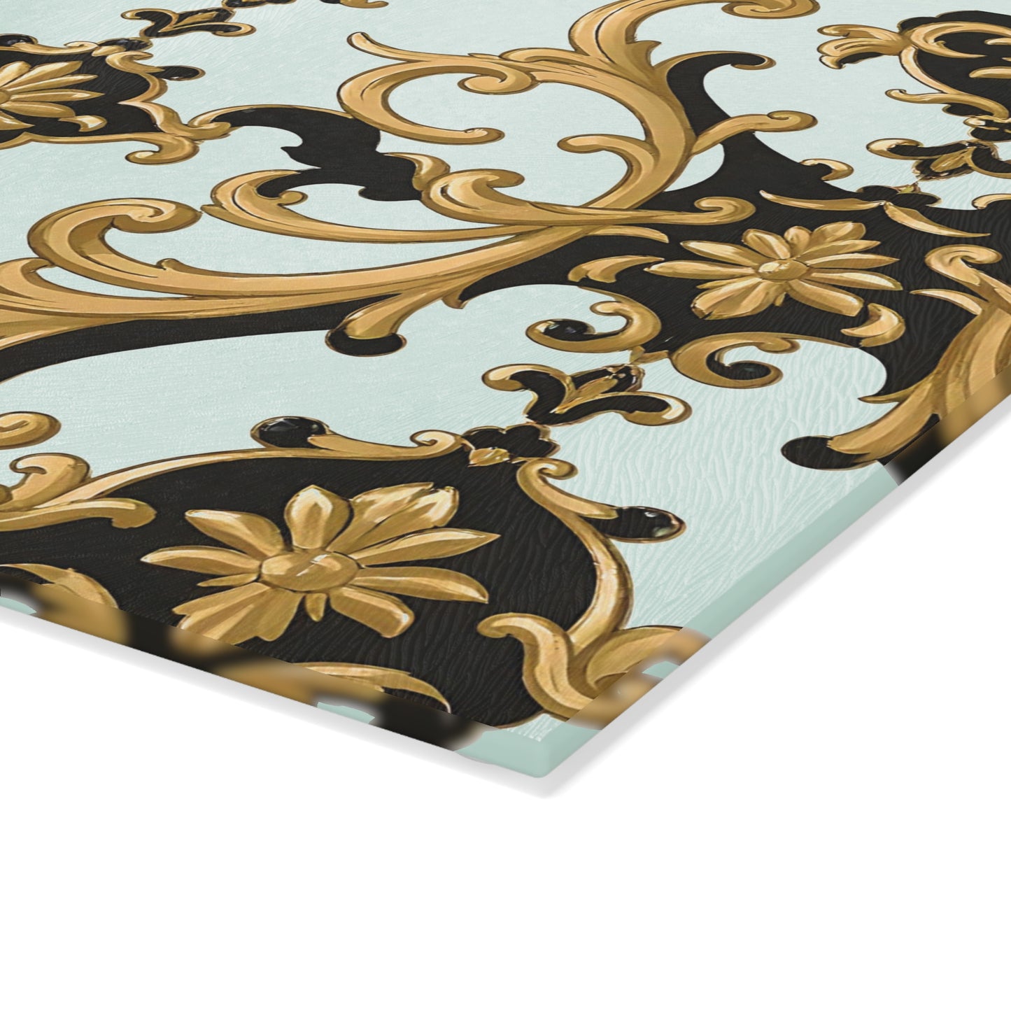 Elegant Kitchen Glass Cutting Board - Decorative Cooking Gift, Home Decor, Wedding Present, Culinary Art, Housewarming Gift - Black & Gold Rococo