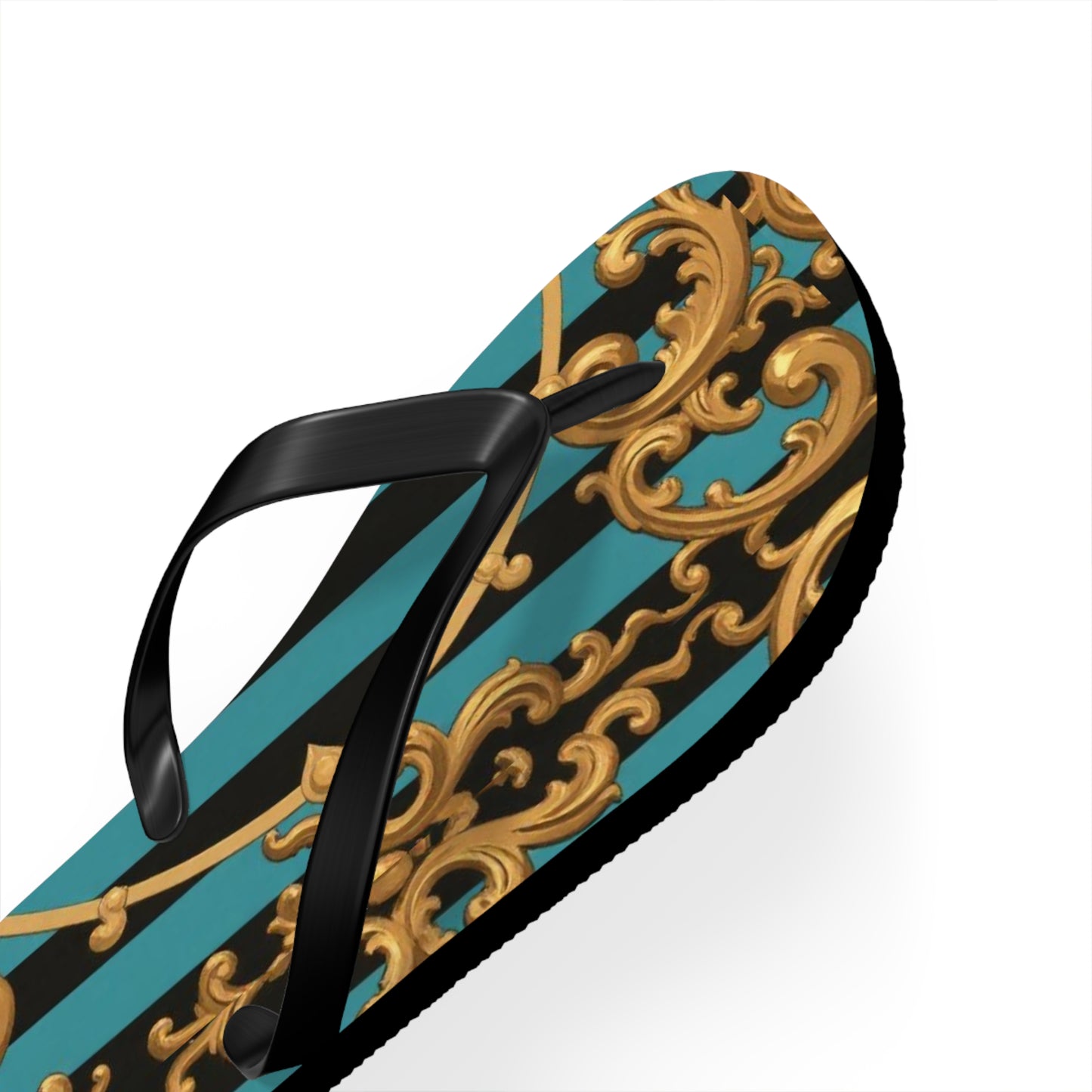 Elegant Turquoise & Black Striped Gold Baroque Patterned Flip Flops for Beach, Summer Vibes, Vacation Essentials, Stylish Footwear
