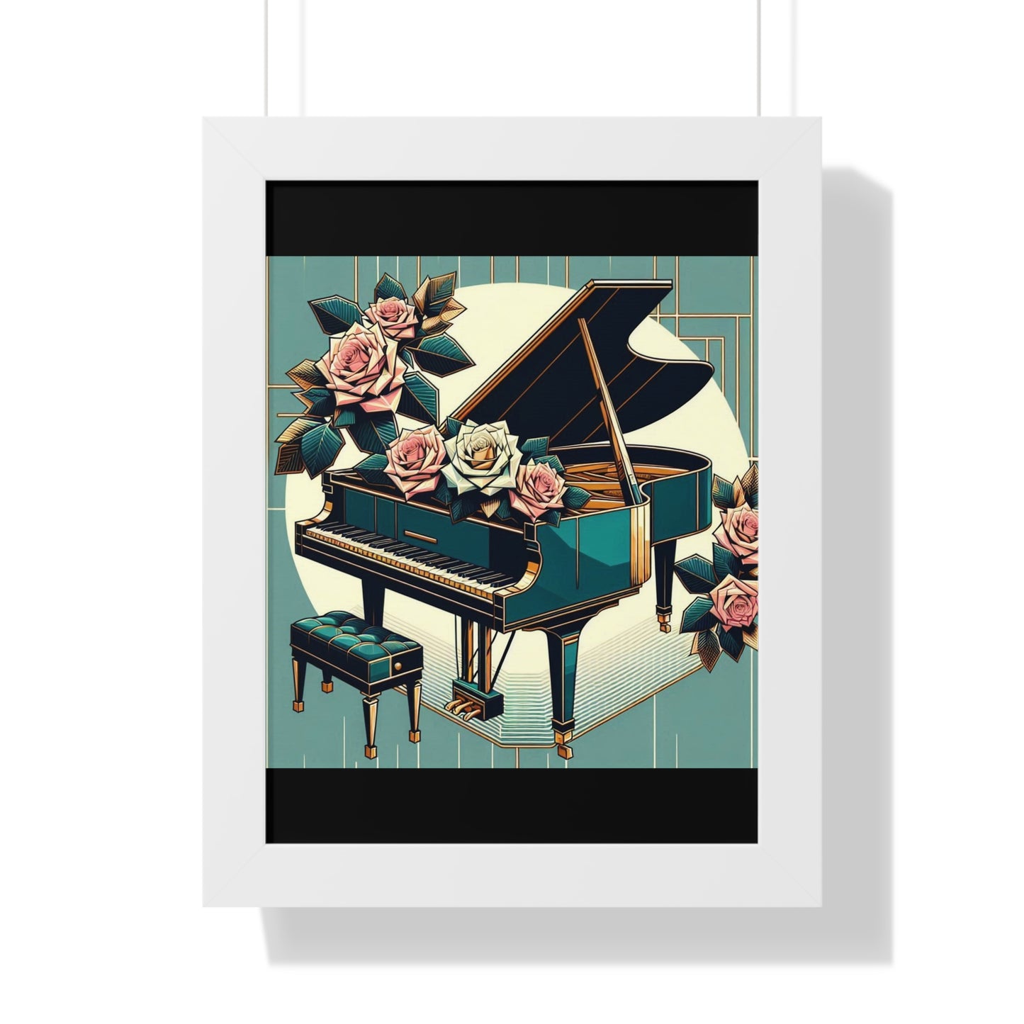 Vertical Poster - Teal Grand Piano & Roses Wall Art