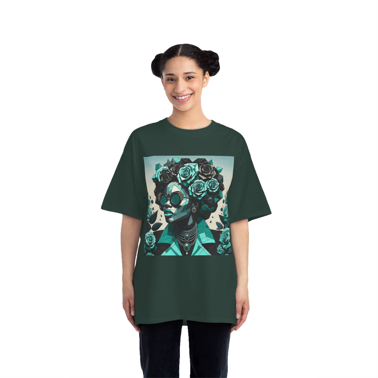 Trendy Floral Graphic Tee | Artistic Short-Sleeve Shirt, Fashionable Summer Top, Chic Gift for Her - Turquoise & Black Roses Lady