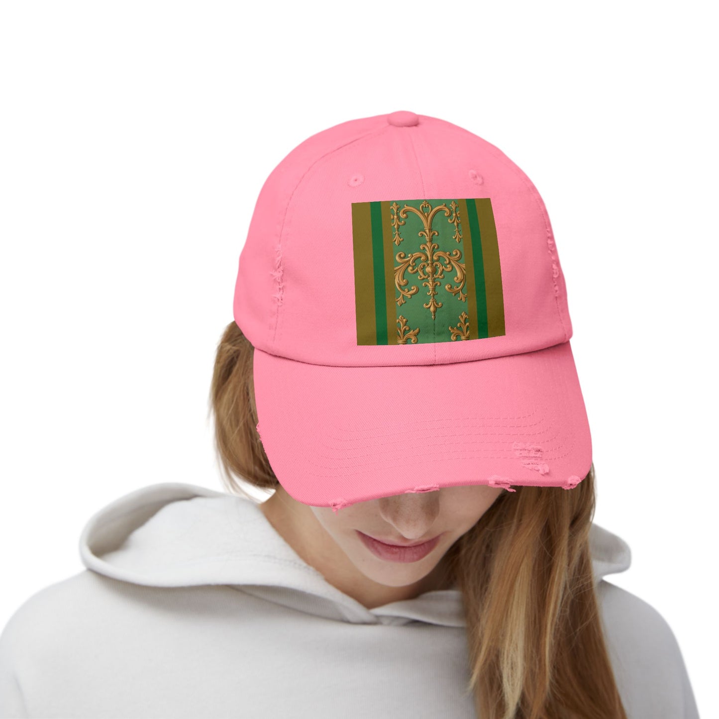 Stylish Unisex Distressed Cap with Unique Floral Design, Trending Accessory for Men and Women - Olive Green Striped Rococo
