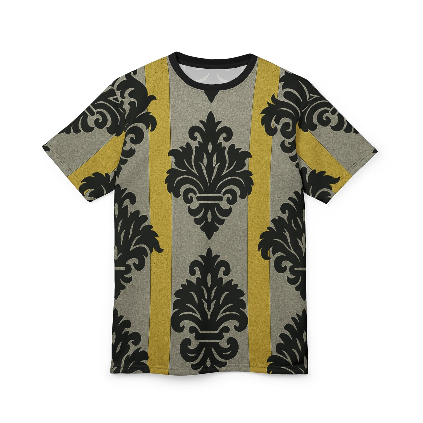 Chic Statement Tee, Trendy Fashion Shirt, Unique Graphic Tee, Stylish Casual Top, Perfect Gift for Fashion Lovers - Silver & Gold Striped Black Baroque