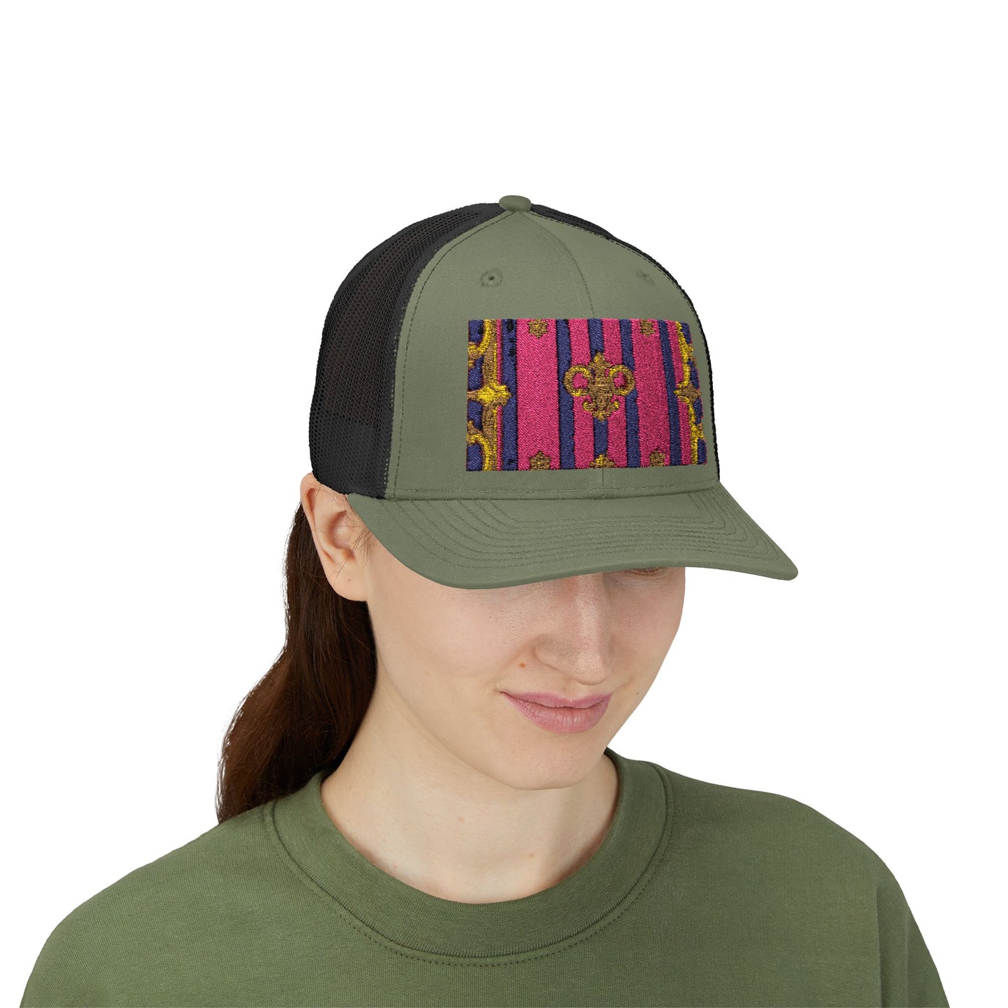 Vibrant Snapback Trucker Cap, Stylish Outdoor Hat, Trendy Fashion Accessory, Gift for Him or Her - Pink Striped Gold Baroque