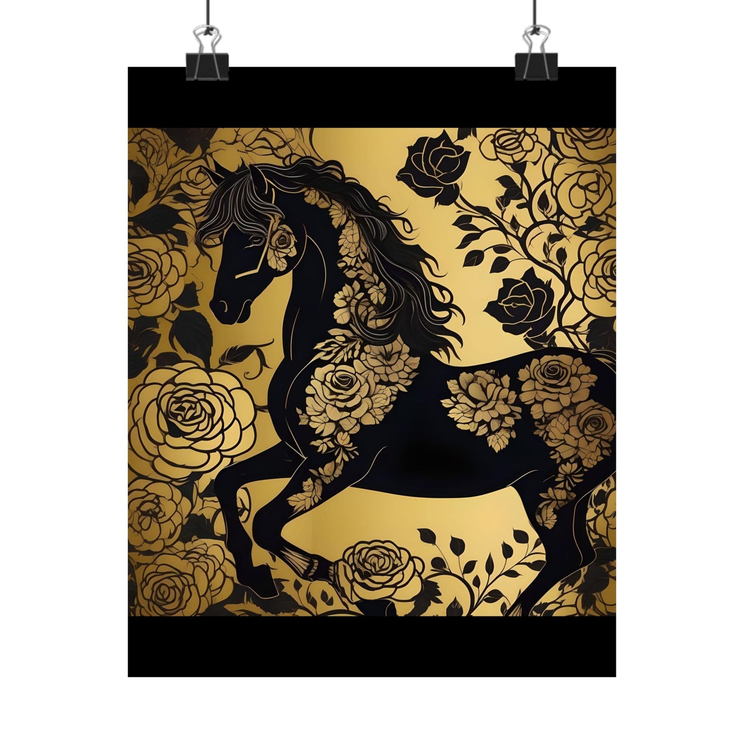 Floral Art Poster - Elegant Matte Vertical Wall Decor - Black & Gold Horse With Roses
