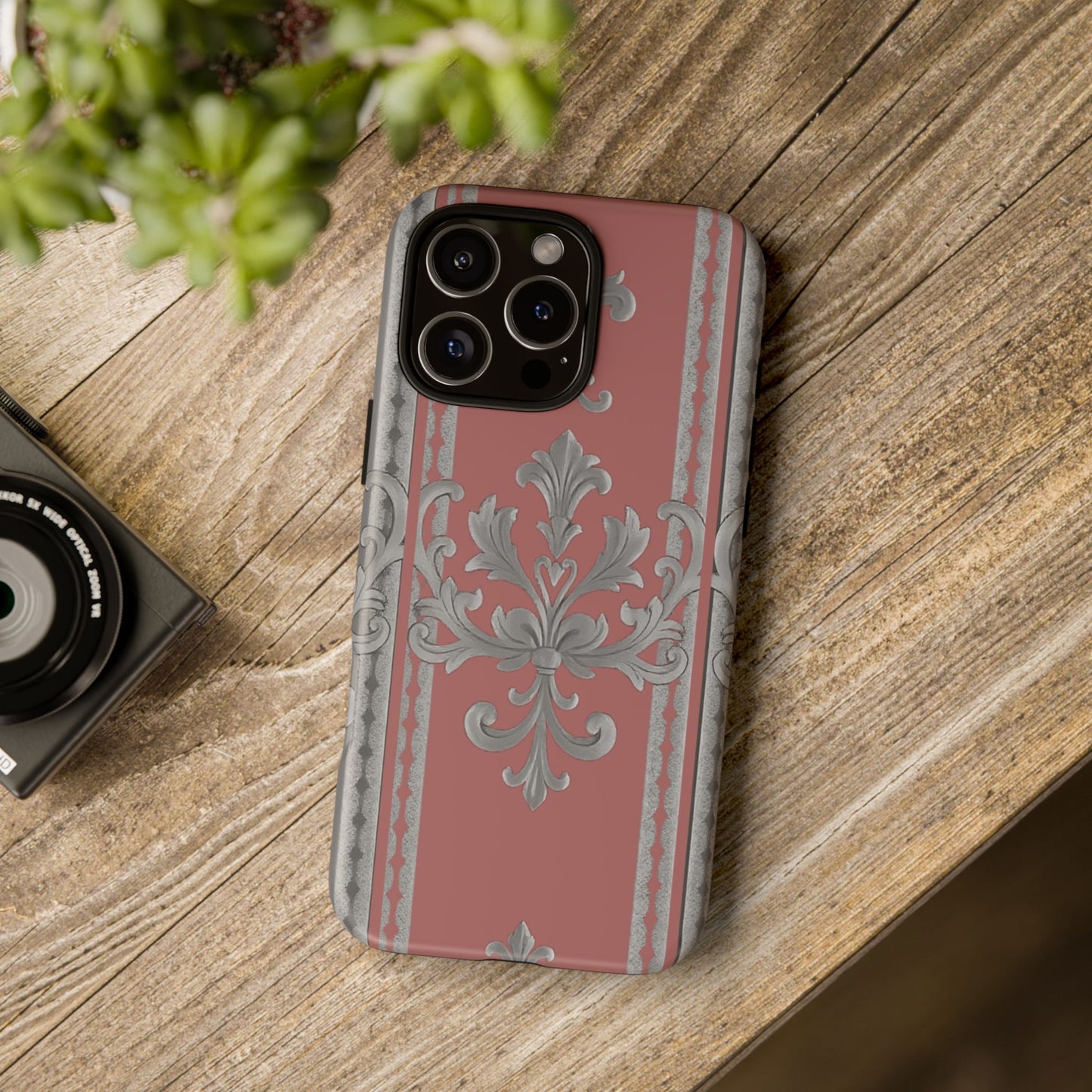 Elegant Floral Phone Case - Tough Cases for Stylish Protection - Gray & Mauve Striped Baroque