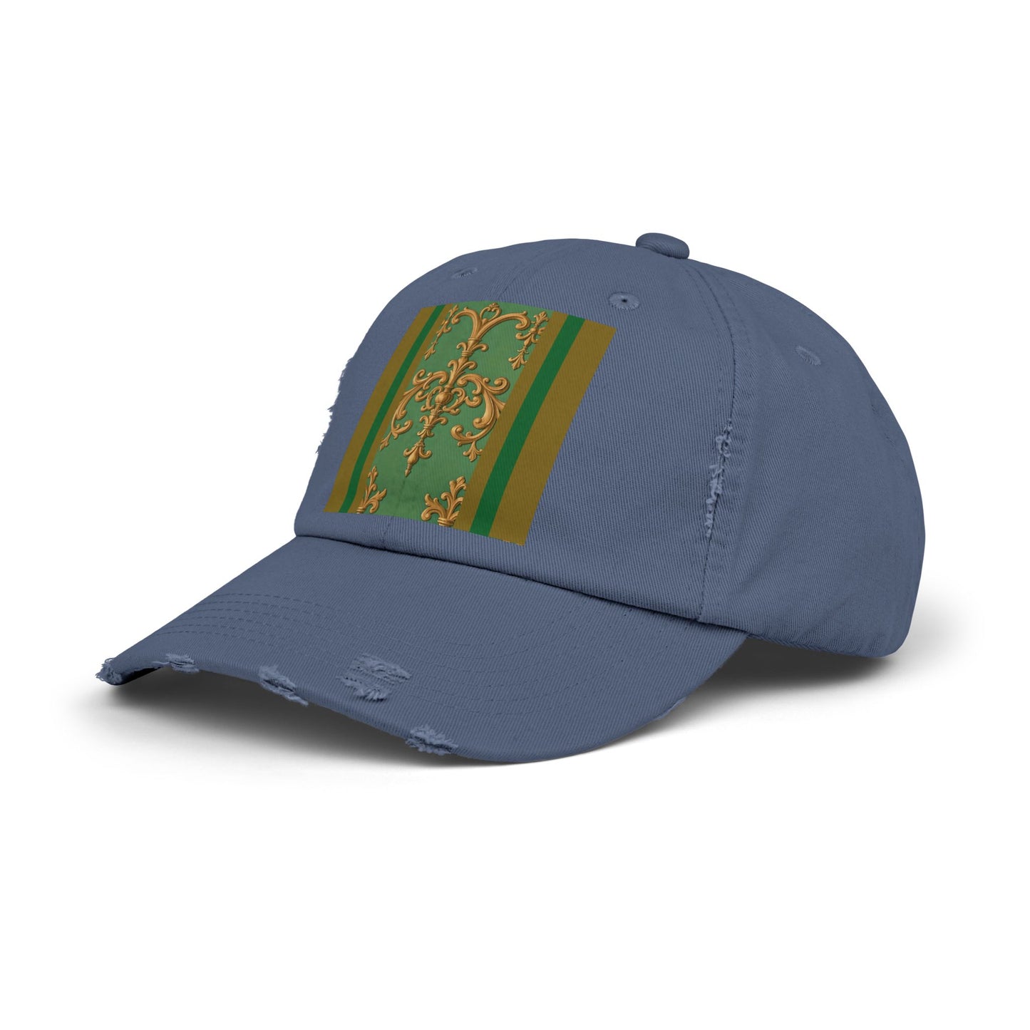 Stylish Unisex Distressed Cap with Unique Floral Design, Trending Accessory for Men and Women - Olive Green Striped Rococo
